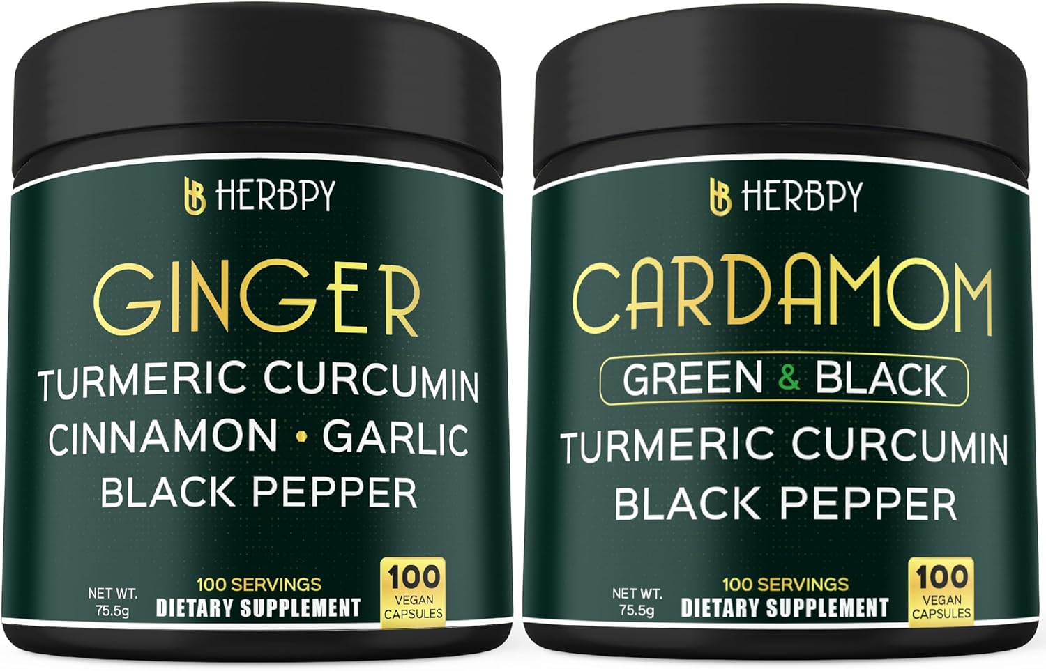 Herbpy Bundle 5in1 Ginger Supplement 100 Count & 4in1 Cardamom Supplement 100 Count - Support Digestion, Heart Health and Natural Wellness