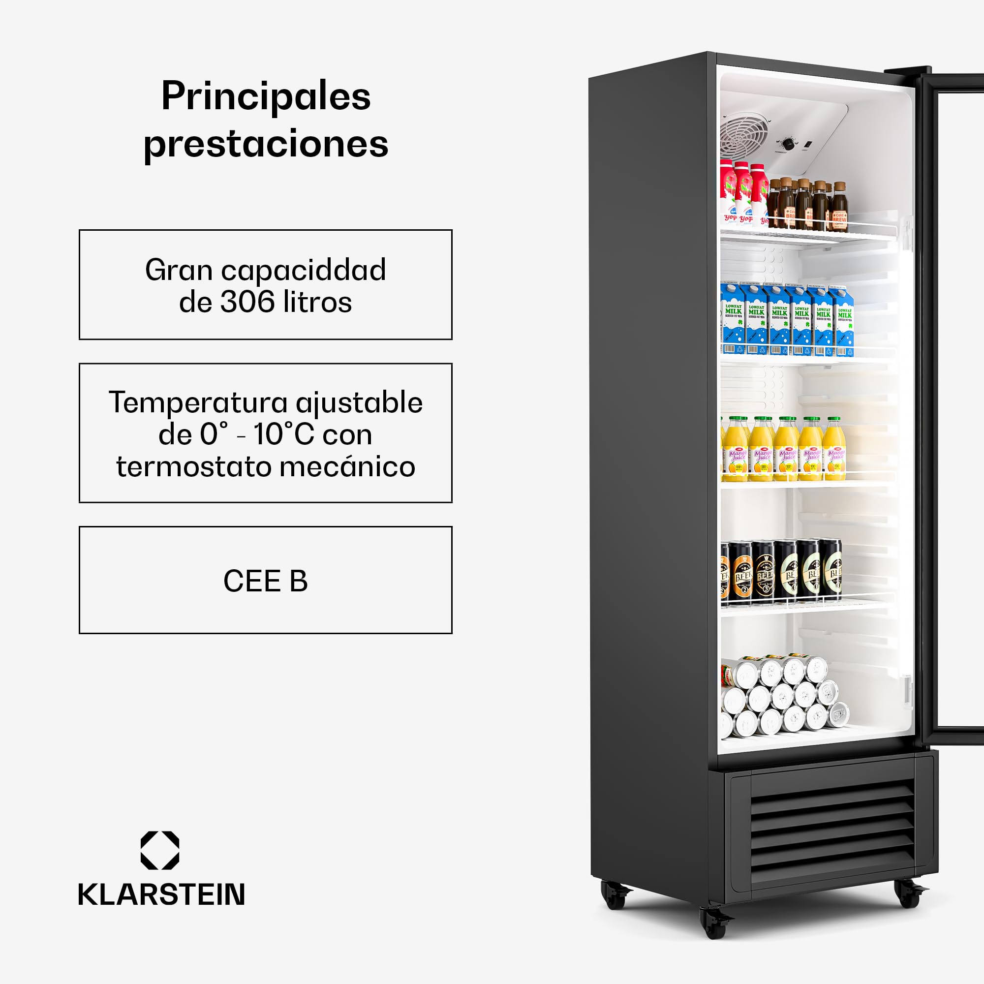 KLARSTEIN GrandCooler 306L Nevera Para Bebidas - Frigorífico para Bebidas con Puerta de Doble Acristalamiento, Iluminación Led, Termostato Mecánico, Ruedas Giratorias, 0-10°C