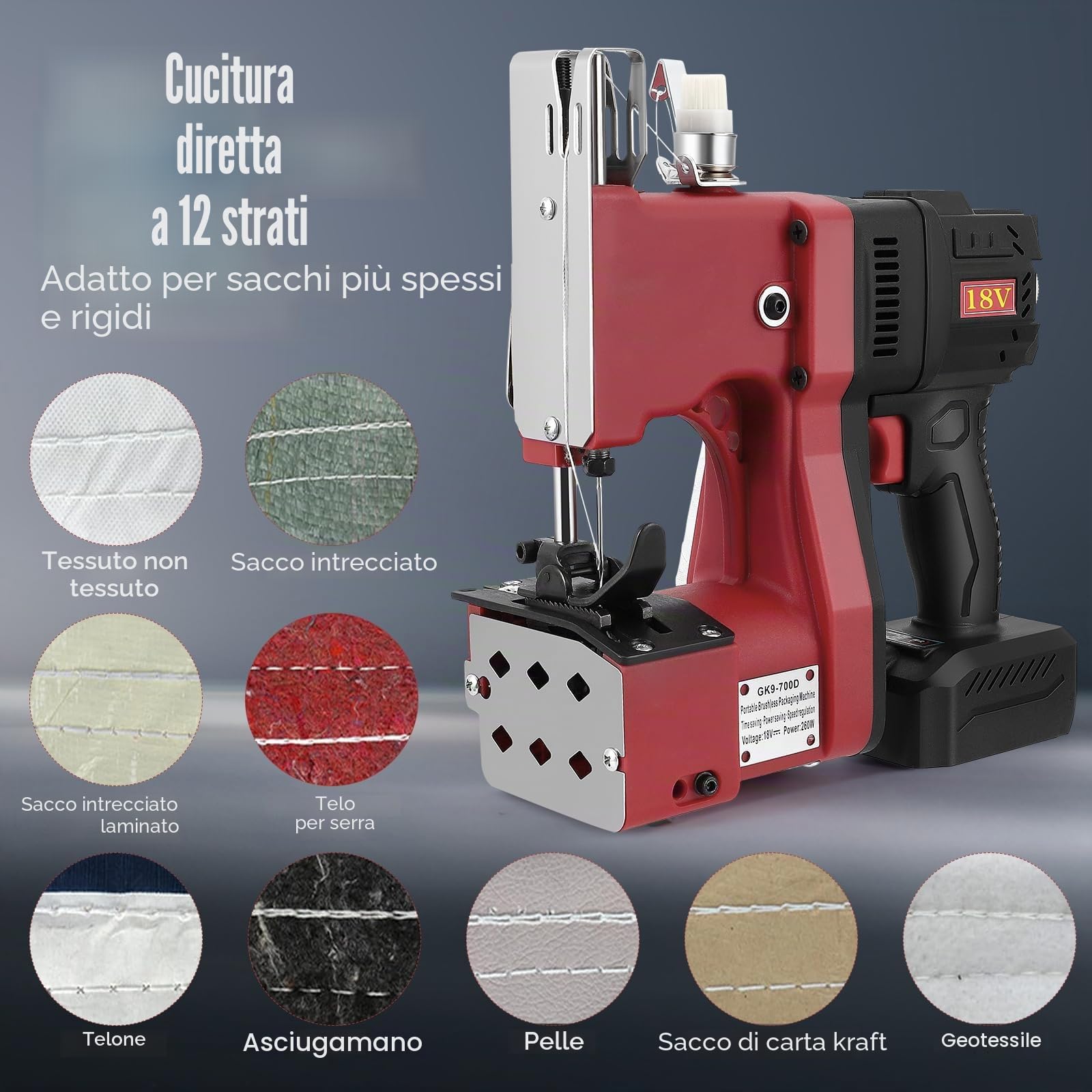 Macchina per la Chiusura di Sacchi 260W Senza Spazzole, Portatile a Batteria - Macchina per Cucire Sacchi Industriale per Sacchi, Agricoltura e Magazzino, Motore Senza Spazzole, 5h Autonomia