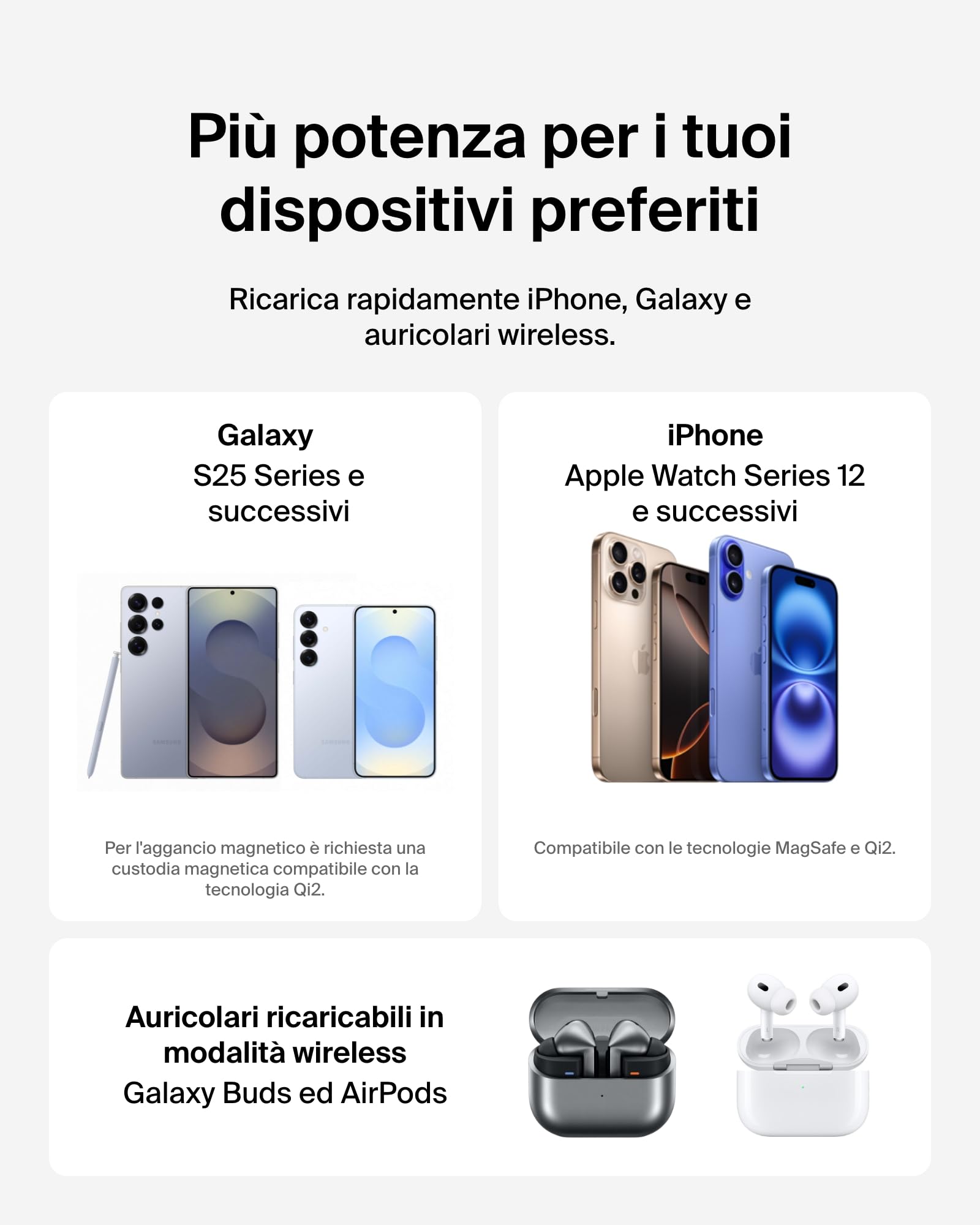 Belkin 2 in 1 Caricatore Wireless, Stazione di Ricarica Wireless 15 W, Caricatore Qi2 con MagSafe per iPhone 16 e AirPods, base piena antiscivolo, alimentatore da 30W - Nero