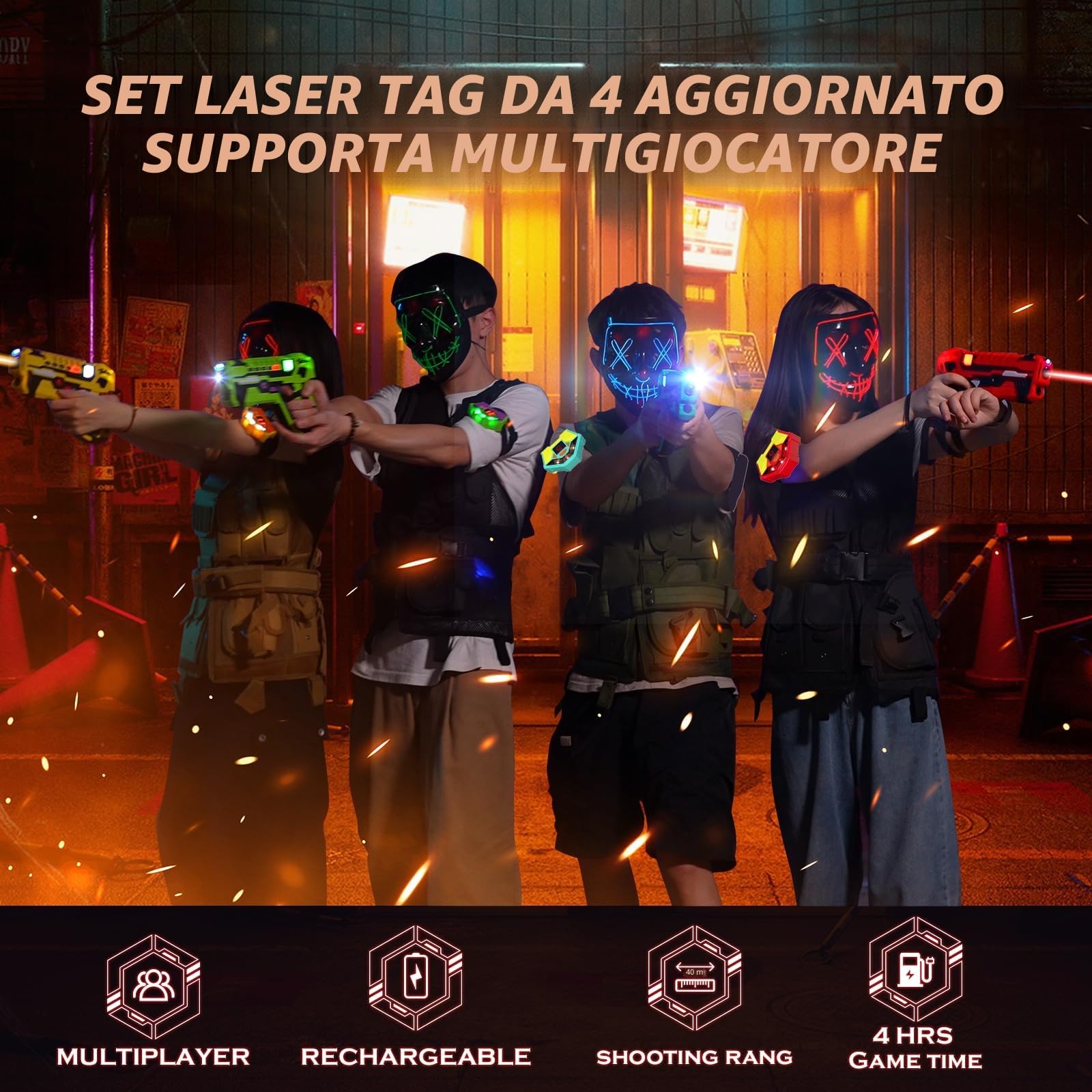 VATOS 4 Pezzi Ricaricabili Pistole Laser Tag - Sincronizzazione Dati a 2,4 GHz infrarossi da 0,9 MW Sicuro Bambini Gioco Gruppo familiare attività all'aperto al Coperto Giocattolo Divertente età 8+