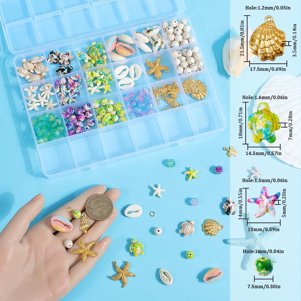SUNNYCLUE 1 Box 252Pcs Beach Beads Kit Sea Animal Beads Starfish Shell Turtle Charm Gold Sealife Charms Seashell Bead Lucky Turquoise Bead Ocean Beads for Jewellery Making Kits Adults DIY Supplies - Image 3