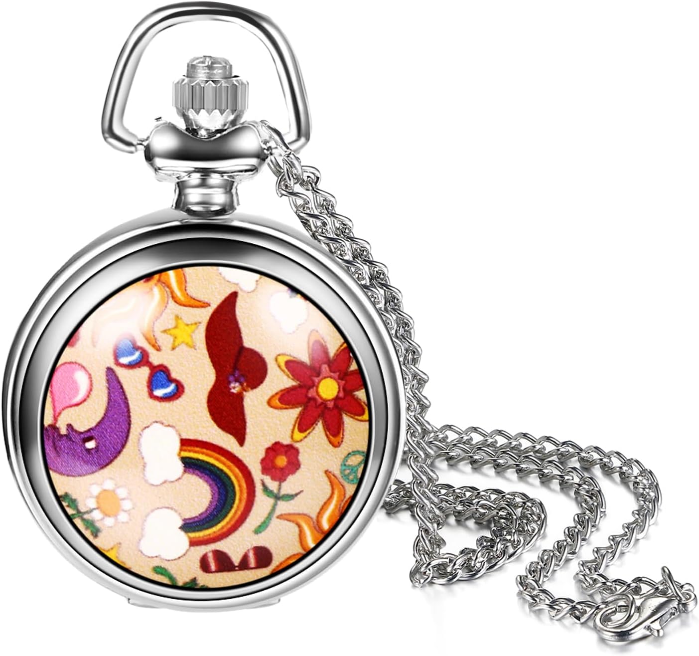 Avaner Flower Printing Pocket Watches: Colorful Flower Analog Quartz Silver Pocket Watches with Chain for Men and Women