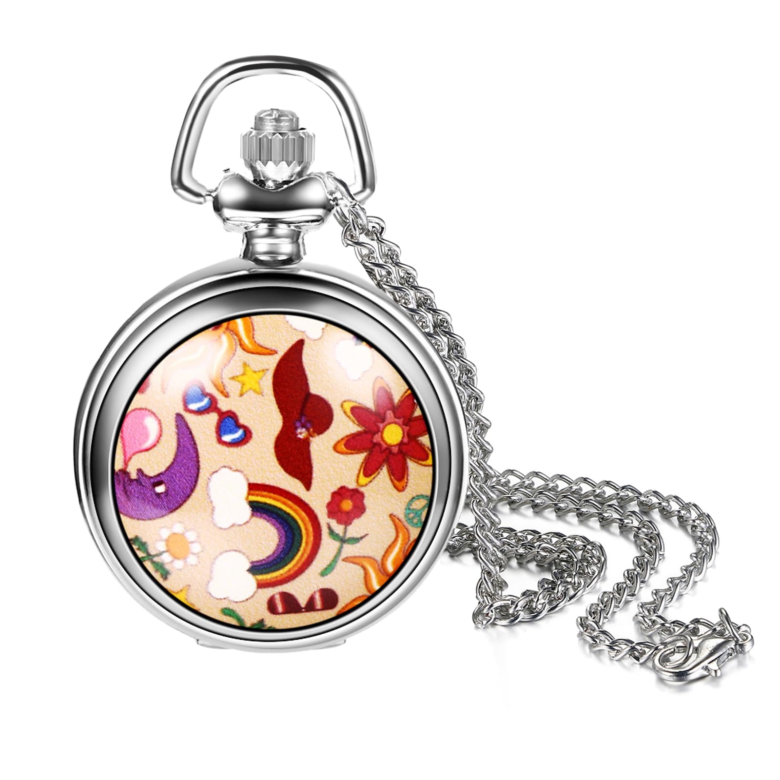 Flower Printing Pocket Watches: Colorful Flower Analog Quartz Silver Pocket Watches with Chain for Men and Women-image-2