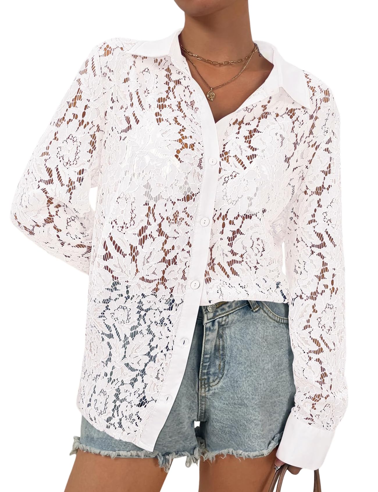 Wyeysyt Pizzo - Camicetta da donna: top a maniche lunghe in pizzo trasparente, elegante camicia elegante, top da donna e camicette
