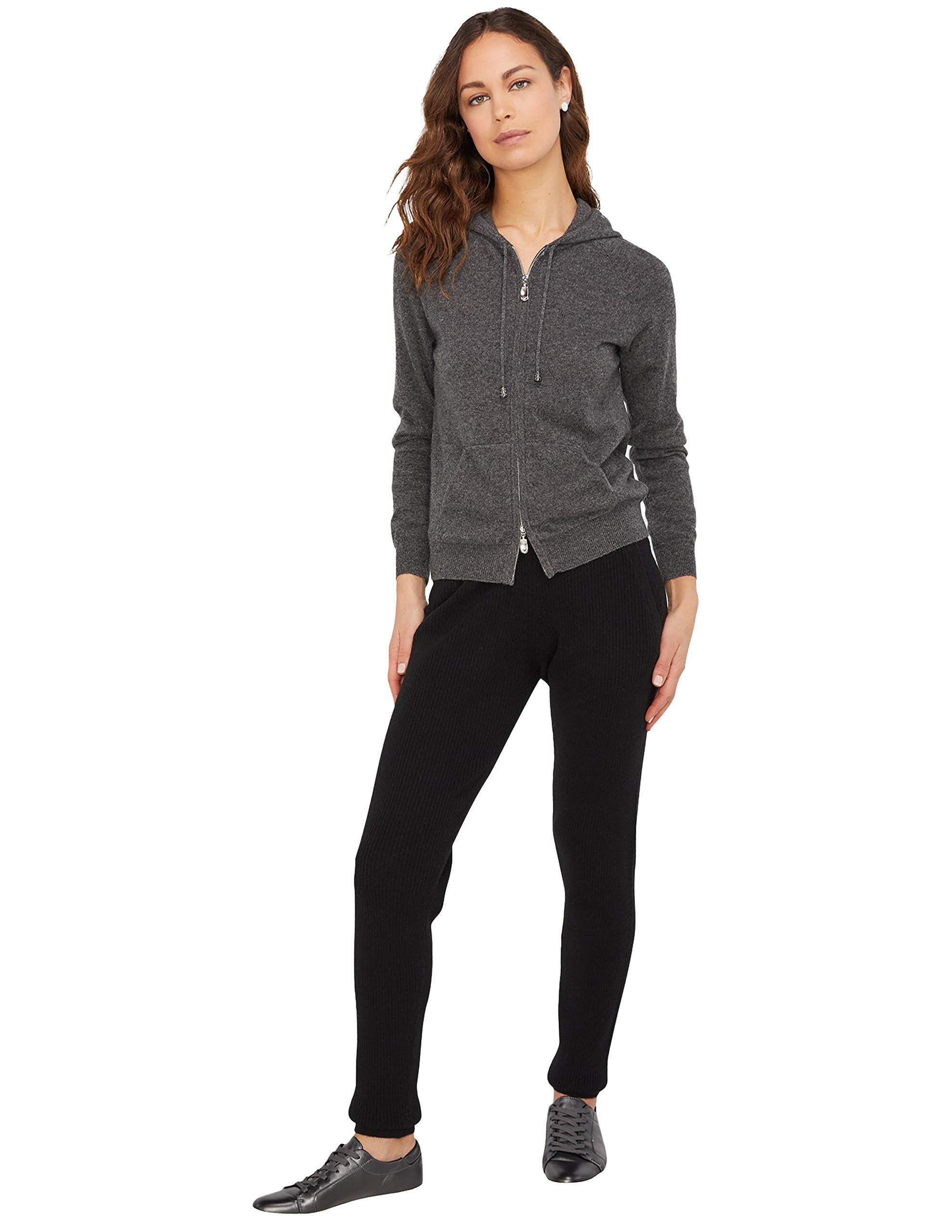 State CashmereWomen's 2-Way Zips Zip Up Hoodie Front Pocket 100% Pure Cashmere Long Sleeve Sweater Full Zipper