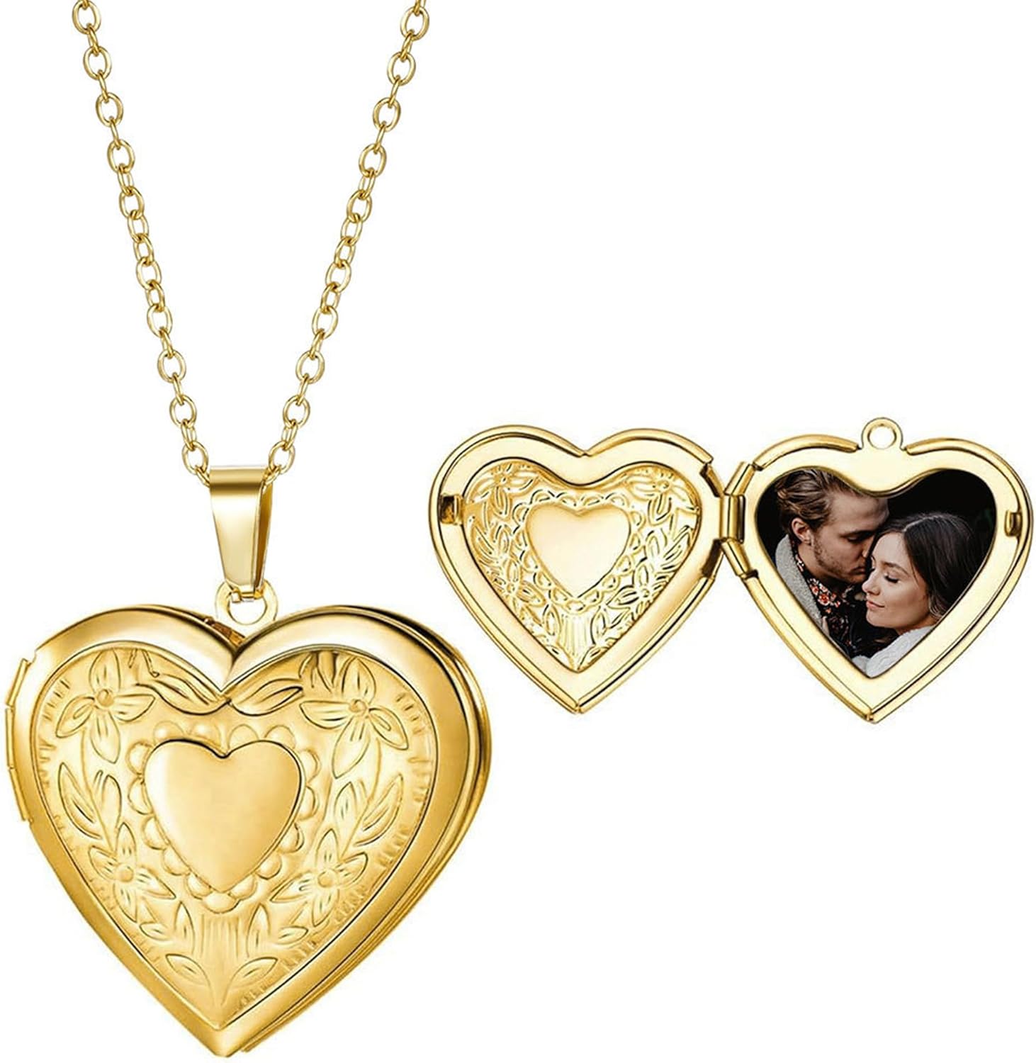 Gold Locket Necklace for Women, Vinatge Heart Oval Butterfly Angel Engraved Pendant that Holds Picture Photo Locket Memorial Necklace Personalized Jewelry Birthday Gifts