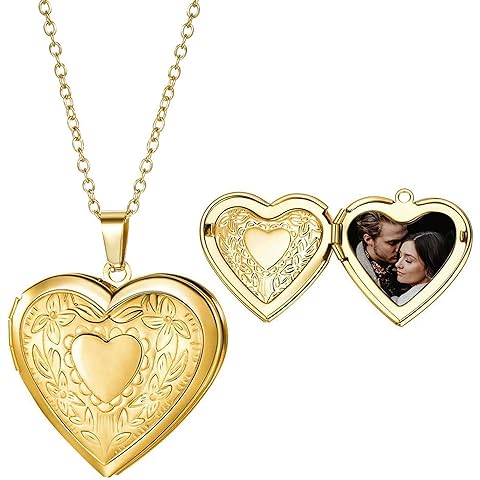 Gold Locket Necklace for Women, Vinatge Heart Oval Butterfly Angel Engraved Pendant...