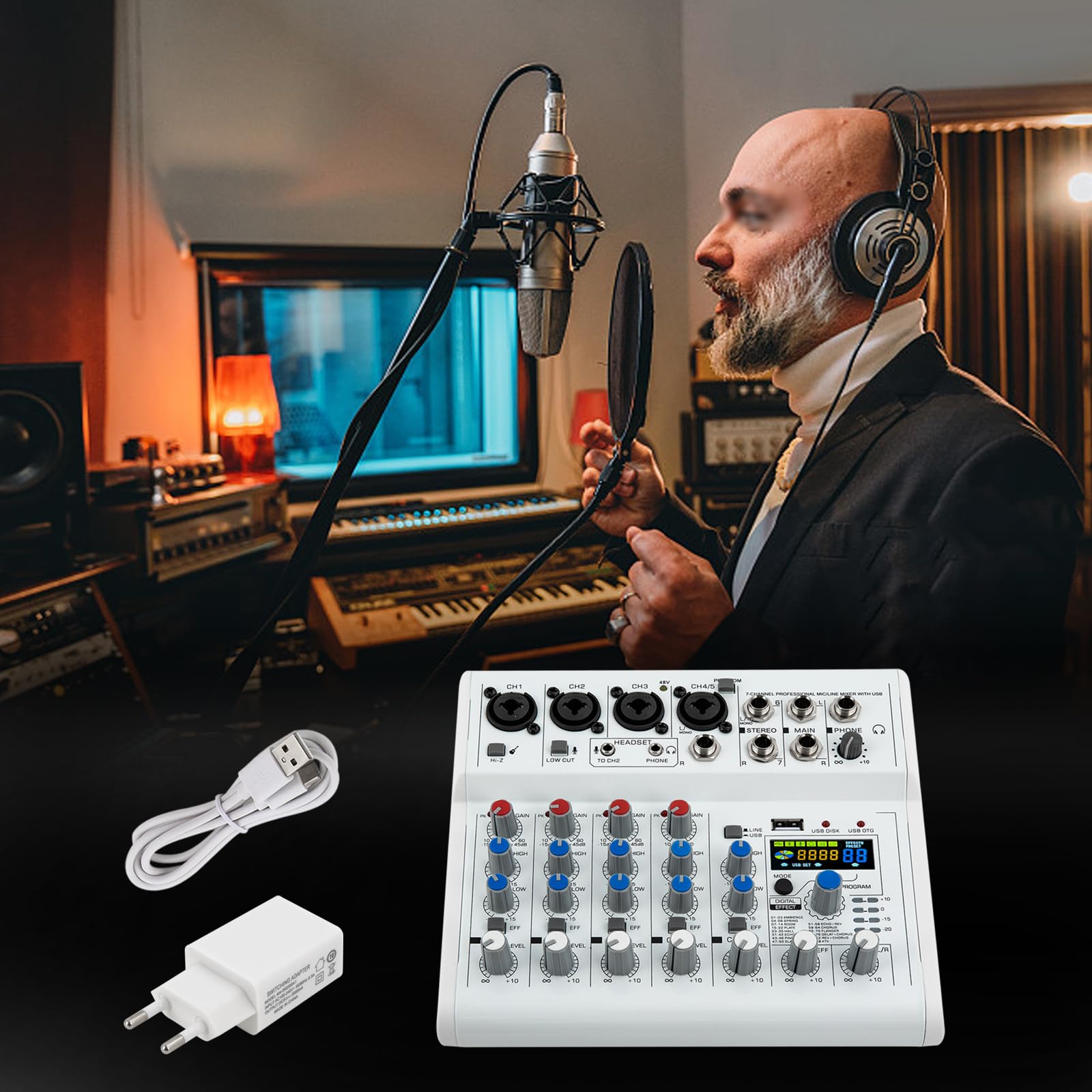 7 Kanal Mischpult, Audio Mixer mit 88 Digital-Effekte Farbdisplay Bluetooth-Kompatible Verbindung 7 Kanal Musik Mixer Studio Bluetooth Mini-Audio-DJ-Mixer