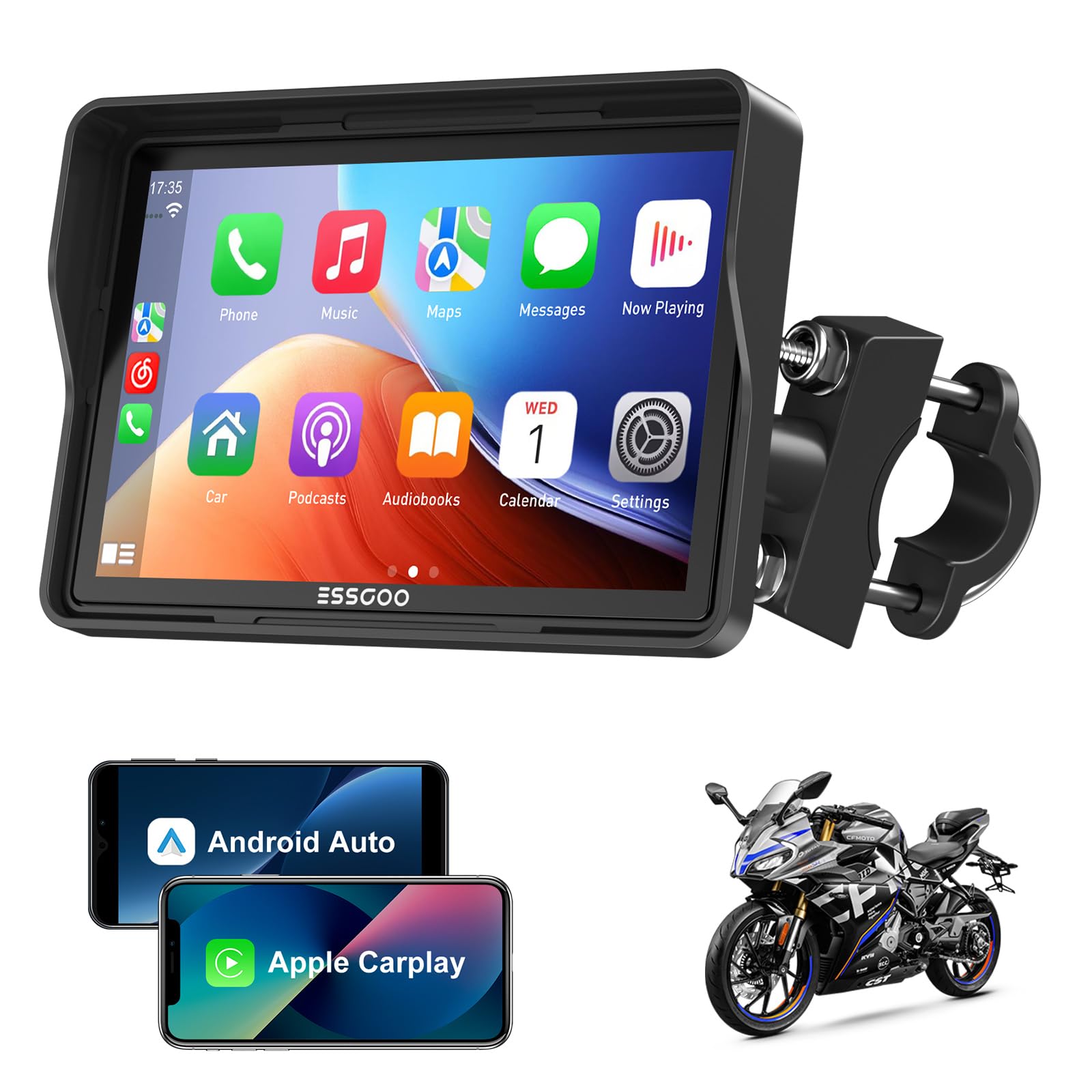 ESSGOO Motorcycle CarPlay 5" IPS Touch Screen with Wireless CarPlay & Android Auto, Waterproof Motorbike GPS, Bluetooth Music via Helmet, Navigation, Siri Support, Easy Install & Removal