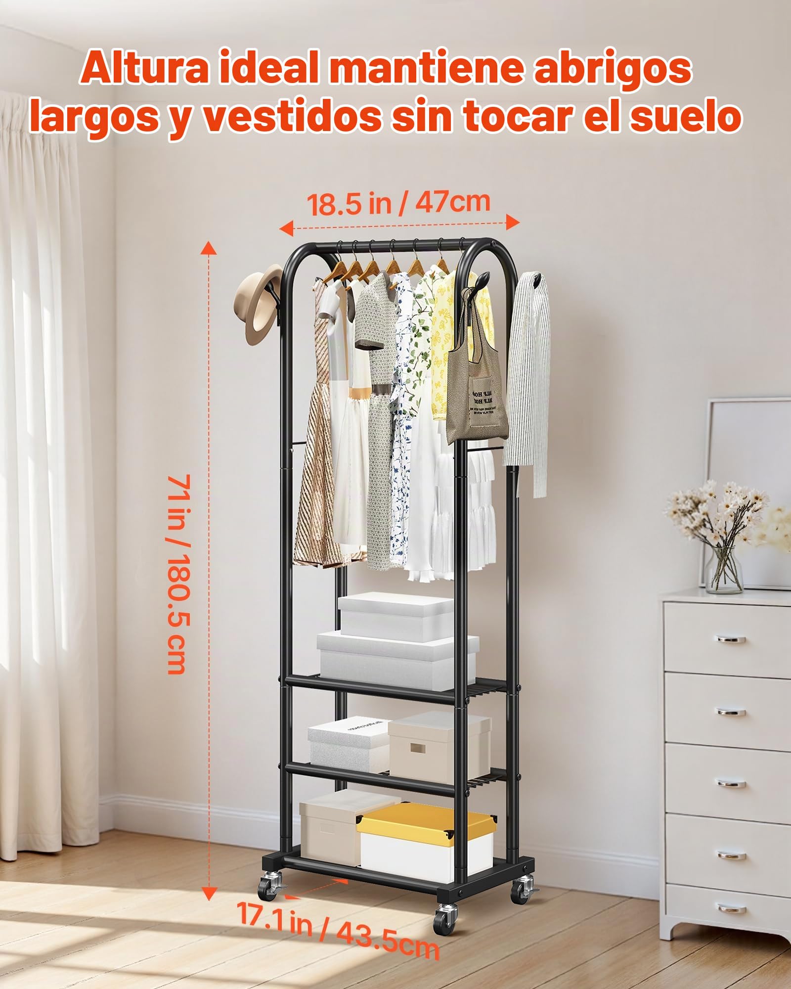 VEVOR Perchero Burro para Ropa con 3 Estantes y Ganchos Laterales, Barra para Colgar, Burro de Ropa con Ruedas, Carga de 45 kg de Acero al Carbono, para Dormitorio, Lavandería, Sala de Estar