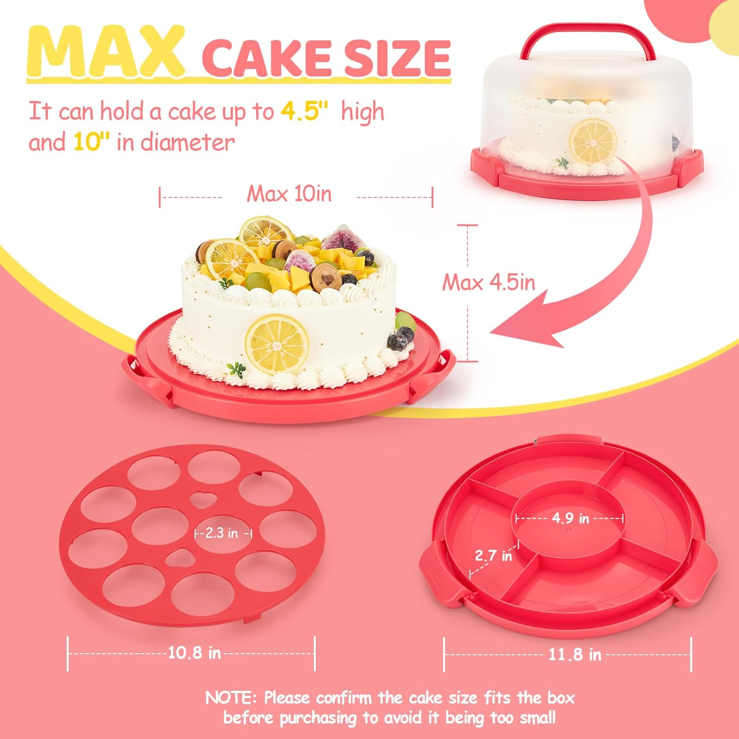 Ohuhu Cake Carrier, BPA-Free Cake stand with Lid and Handle Cake Transport Container Portable Cake Holder Two Sided Base for Pies Cookies Nuts Fruit etc - Suitable for 10 inch Cake Perfect Gifts