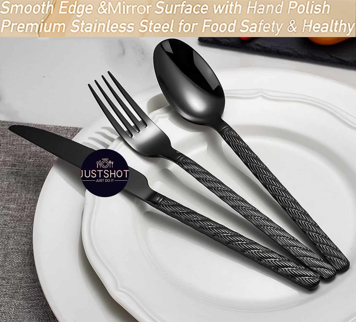 JUSTSHOT 50-Piece Black Silverware Set for 10,1810 Stainless Steel Hammered Flatware Set with Twist Handle,Black Forks and Spoons Cutlery Set,Mirror Polished,Dishwasher Safe