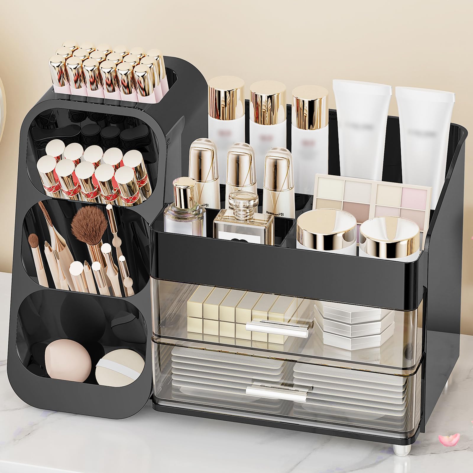 Anylady Makeup Organizer with Drawers, Skincare Organizer (Large Size Thick), Storage Box Cosmetic Display Cases, Make up Organizers for Vanity, Dresser, Desk, Kitchen, Countertop (black): Black