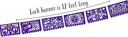 Miniatura 7 de Banderas de papel picado morado, paquete de 5 unidades, guirnaldas de papel de seda púrpura de 60 pies de largo, decoraciones mexicanas para bodas,