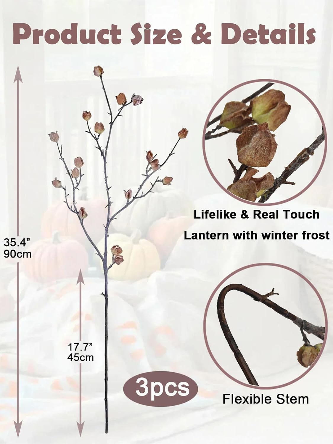 3Pcs Realistic Faux Berry Stems for Tall Vases, 35.4 Inch Bendable Brown Branches with Natural Frosted Effect - Artificial Chinese Lantern Stems for Farmhouse Home Office Decor