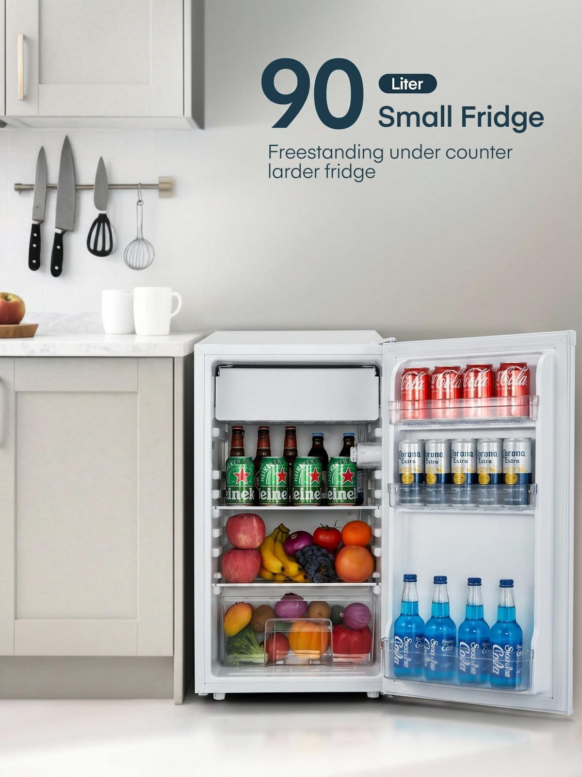 FOHERE Frigorifero Piccolo 90L, Frigorifero Monoporta con Fresh Zone, 7 Termostato Regolabile, Silenzioso, Scomparto per Verdure, Frigo da Ufficio, Camera, Bianco
