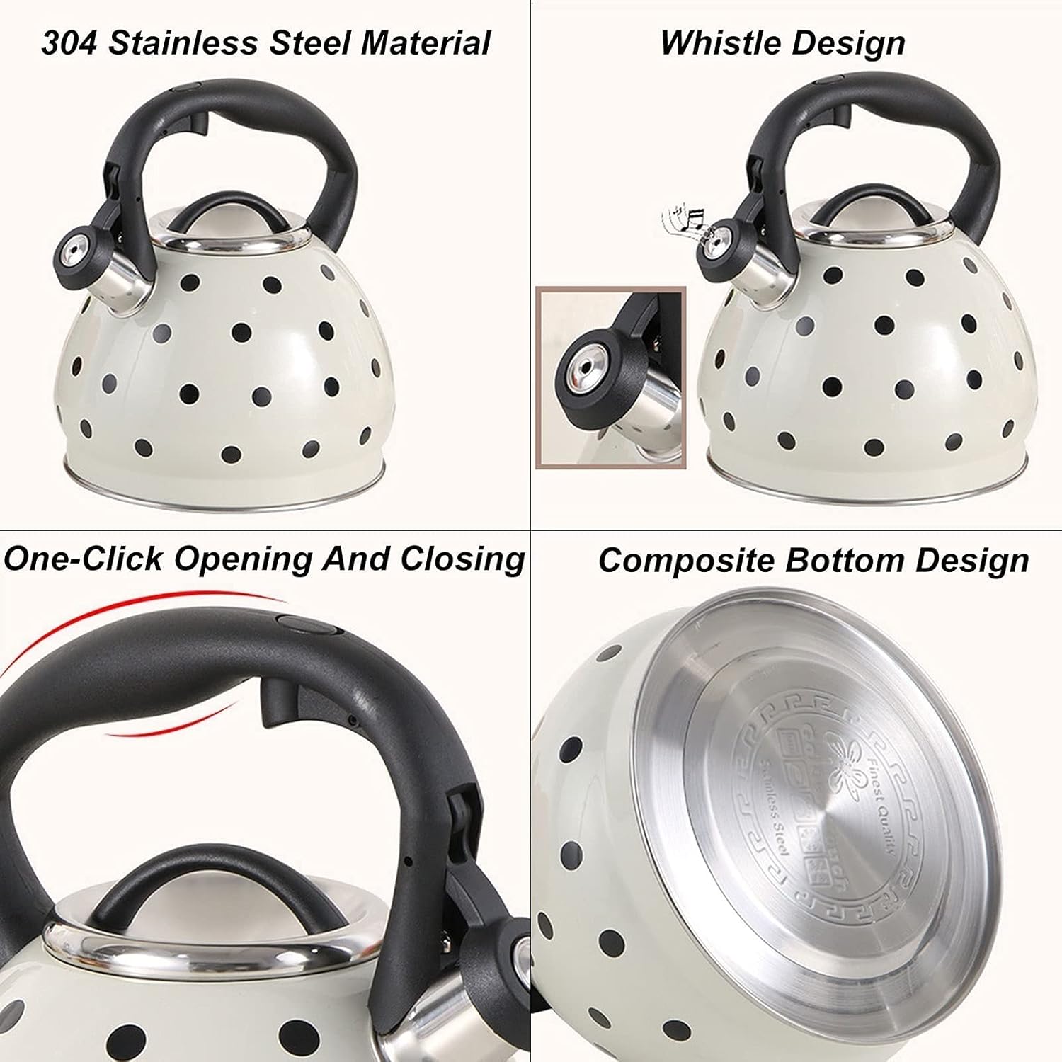 Camping Coffee Tea Pots Large Whistle Stove Polka Dot Teapot One-Button Opening and Closing Design Household Stainless Steel Teapot