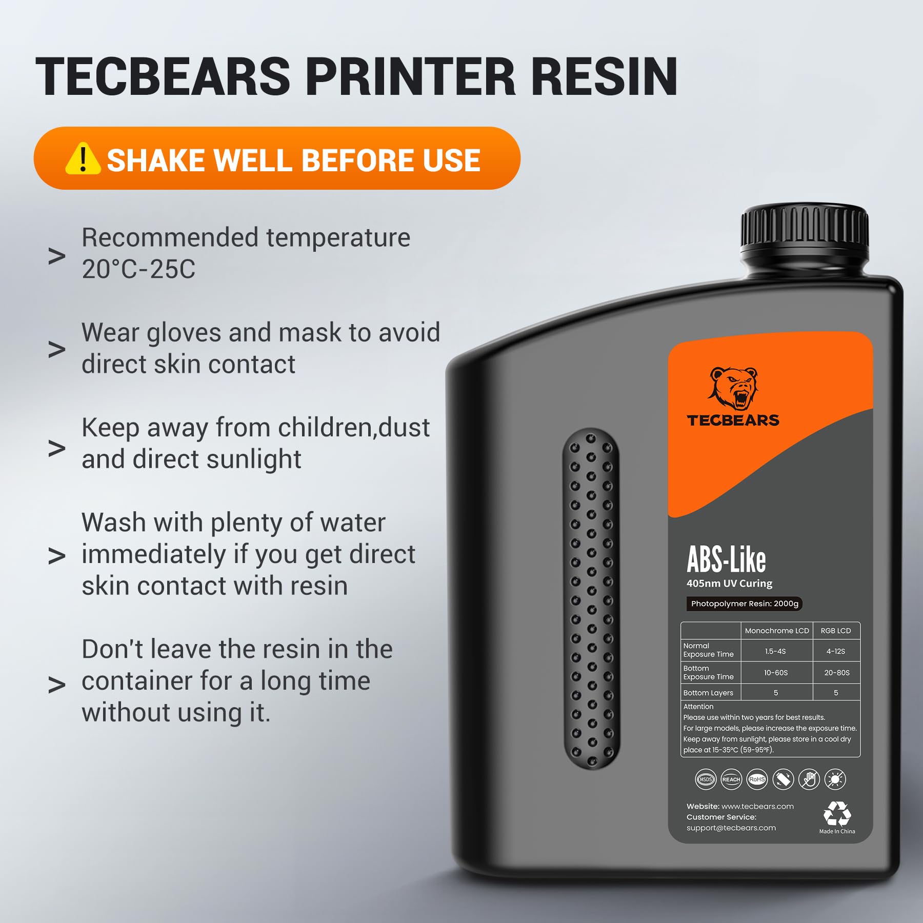 TECBEARS Resina ABS-Like para impressora 3D Gris oscuro 2KG, UV 405nm Curado Resina, Alta resistencia, fuerte tenacidad y alta precisión, Compatibilidad con LCD y DLP Impresoras 3D