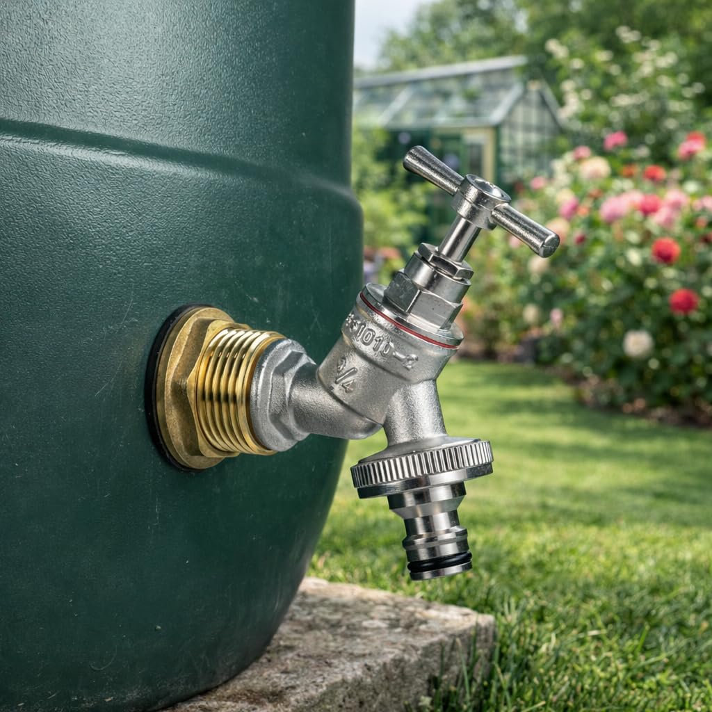 Cost Wise Green Solid Brass Water Butt/Rain Barrel/Tank Threaded Outlet Adaptor/Connector With 2 Washers And Nut,Range Of Tap Options (Silver Bib Tap+Quick-Lock)