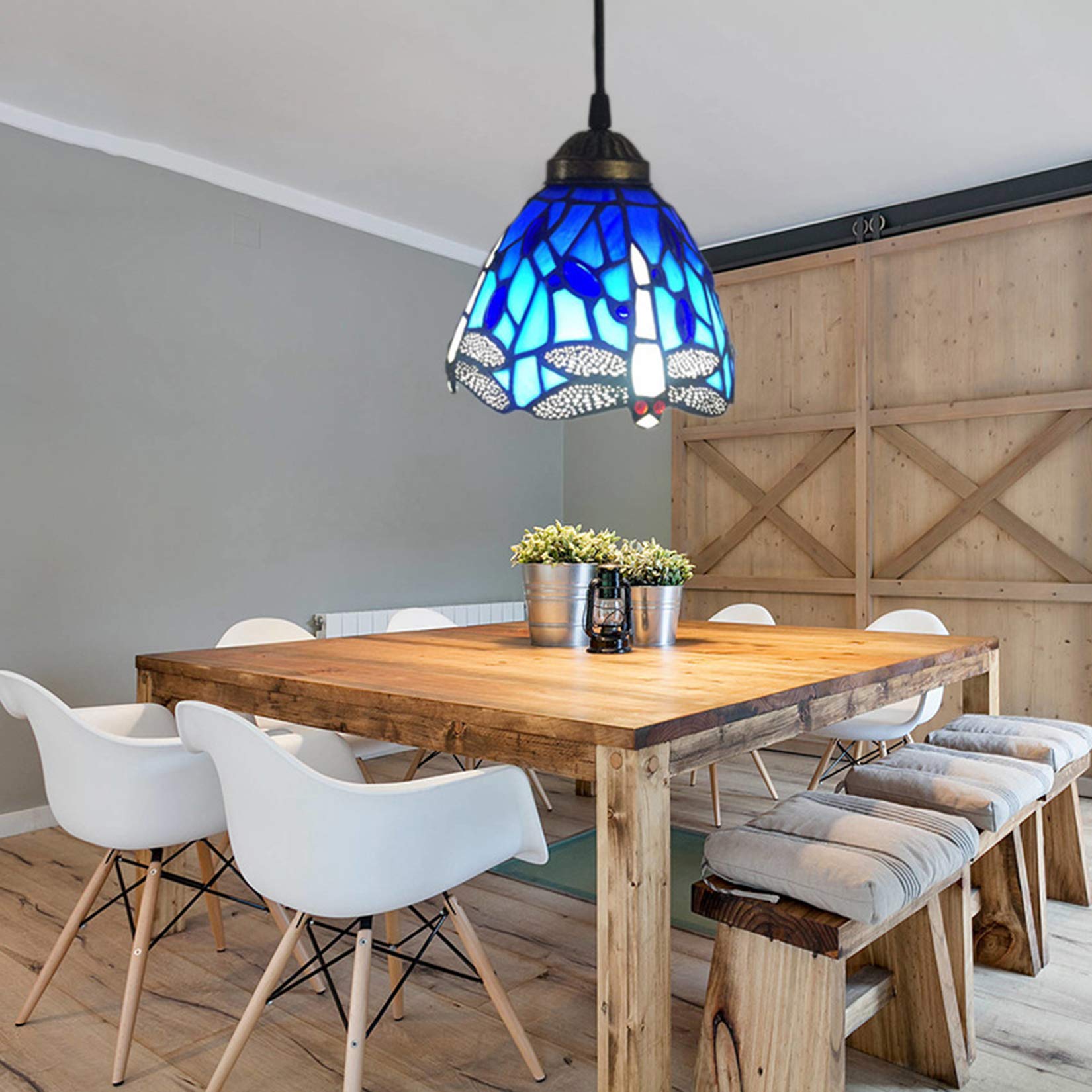 6-calowe niebieskie lampy wiszące Dragonfly ręcznie robione witraże klosz żyrandol lampa sufitowa do sypialni kuchnia wyspa salon E27