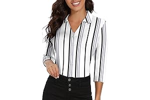 Soneven Womens 3/4 Sleeve Button Down Shirt V Neck Collared Polo Shirts Work Blouses