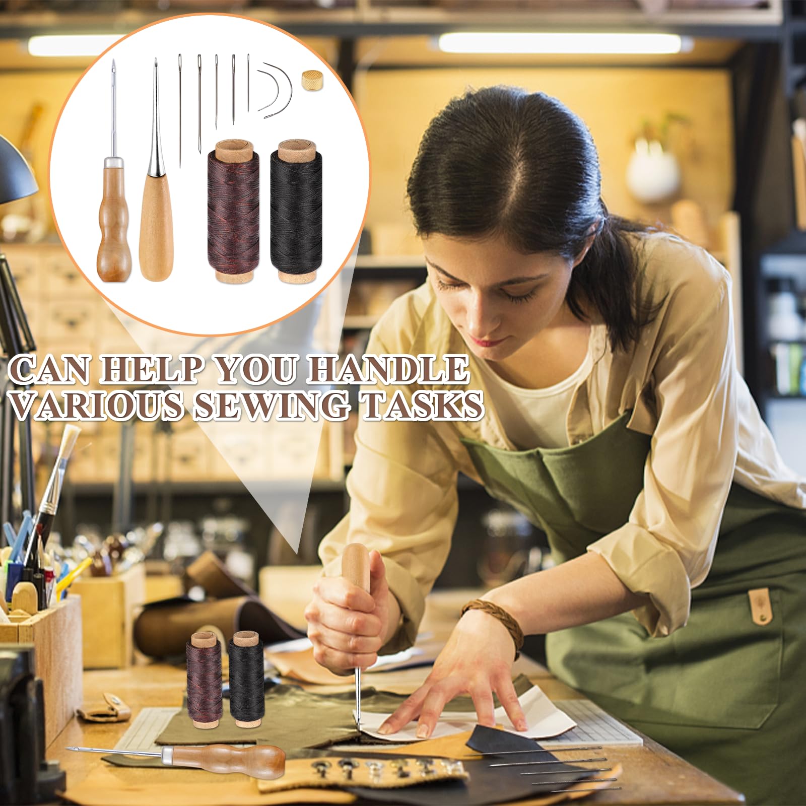 Kit da Cucito per Pelle: Set Completo con Filo Cerato, 7 Aghi, 2 Awl, e 1 Ditale - Perfetto per Riparazioni e Progetti in Pelle