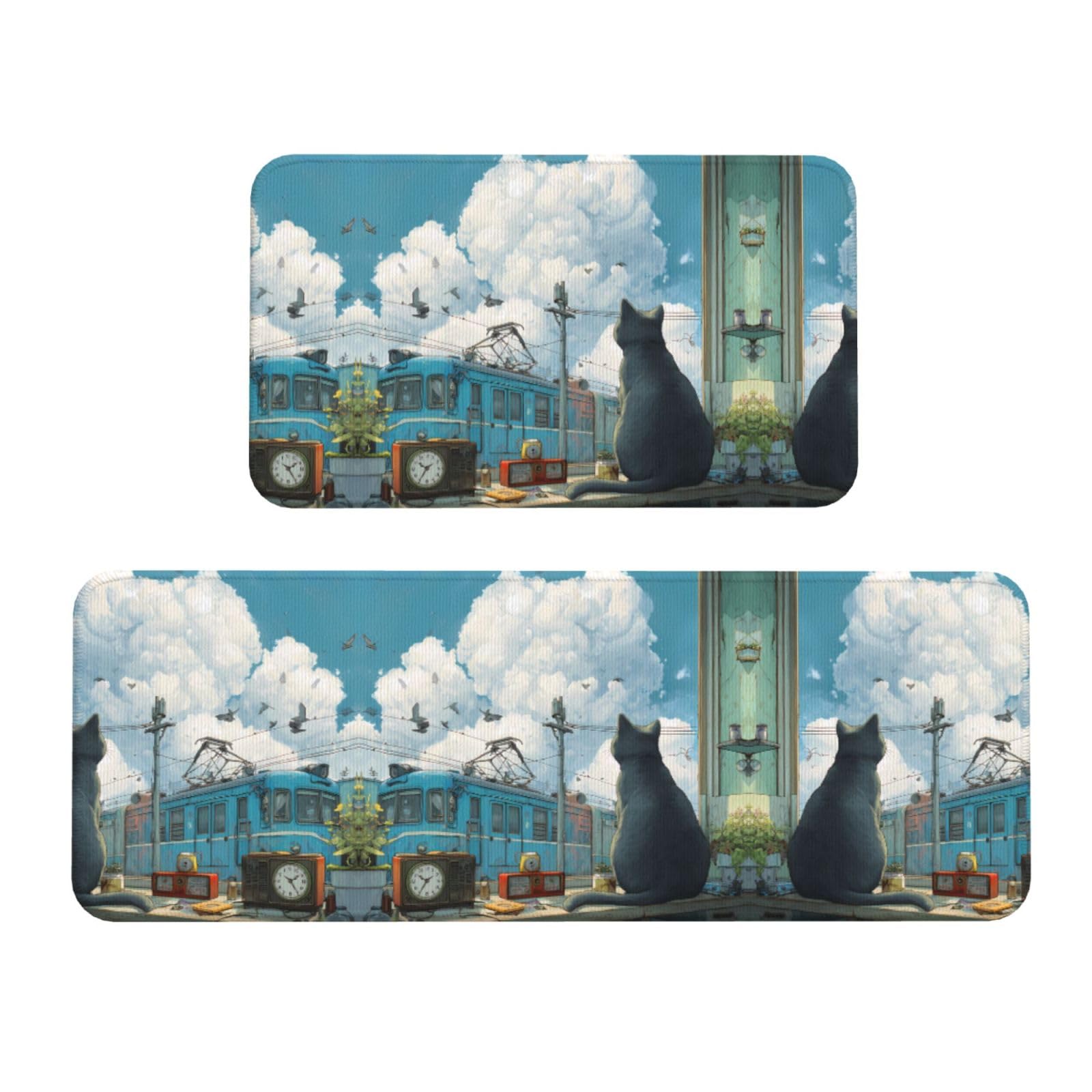 Alfombrillas de cocina lavables y antideslizantes con bonito diseño de gato, juego de 2