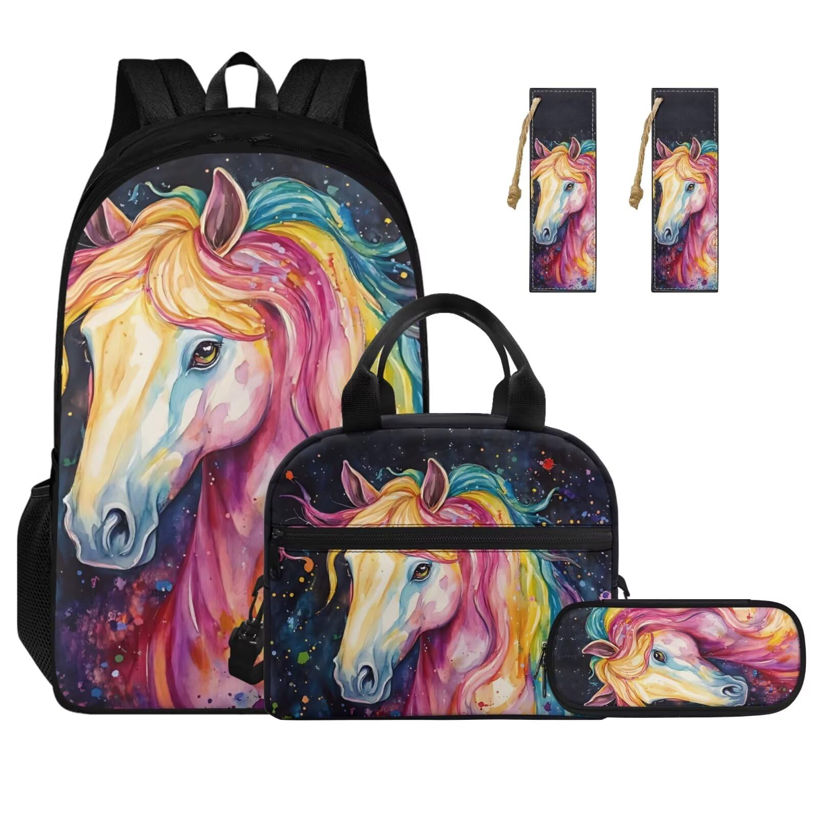 Gorweirop Horse Backpacks for Teen Girls Boys 17 inch 4 Pcs Book Bag Set Convenient Enhancing Learning Experience Lightweight Large Capacity Schoolbag