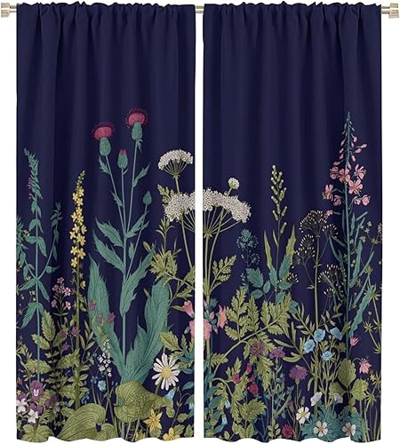 Miniatura 76 de Retro 70s Floral Blackout Window Curtains, Watercolor Flower Plant Rustic Modern Style Pattern Window Drapes, for Bedroom Living Room 42x45in 2