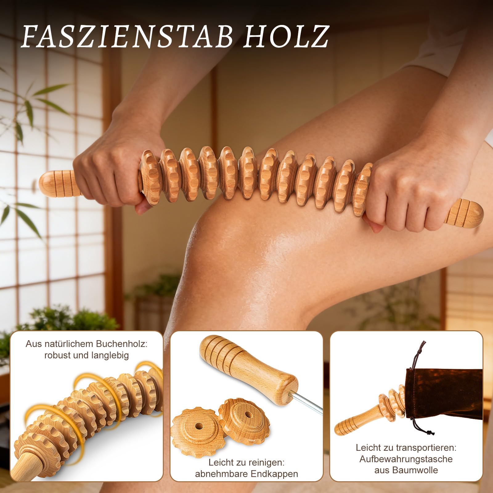 Faszienstab Holz aus Buchenholz für Muskelentspannung, Körperformung, Gua Sha Massage, Faszienrolle Holz Massagegerät Mit Griff, Anti Cellulite, Massageroller Beine, mit Baumwolltasche