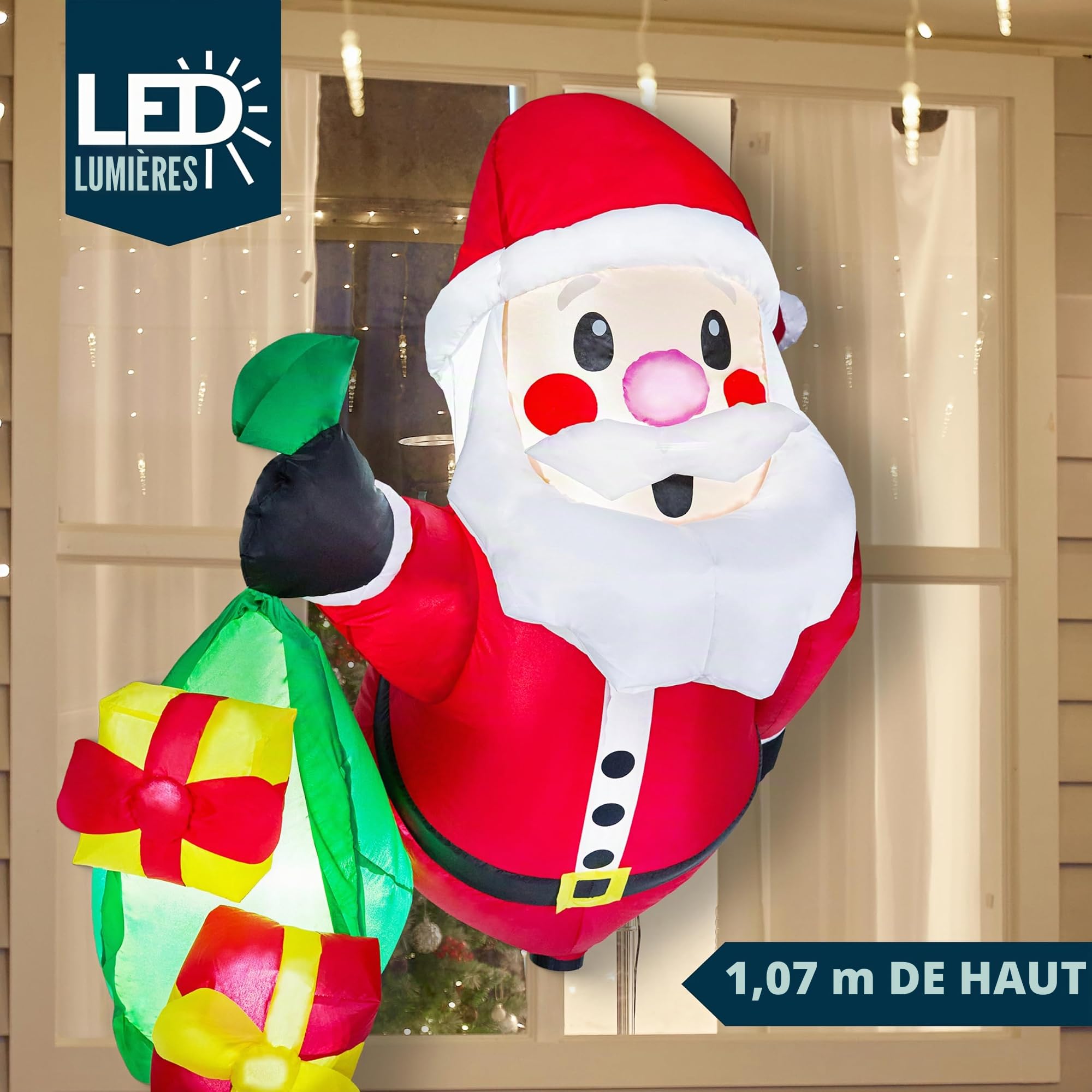 Joiedomi Père Noël Gonflable de 1,1 m de Haut avec Sacs Cadeaux sorti de la fenêtre, Gonflable avec LED intégrée pour décoration de fenêtre, fête de Noël en intérieur, extérieur, Cour, Jardin