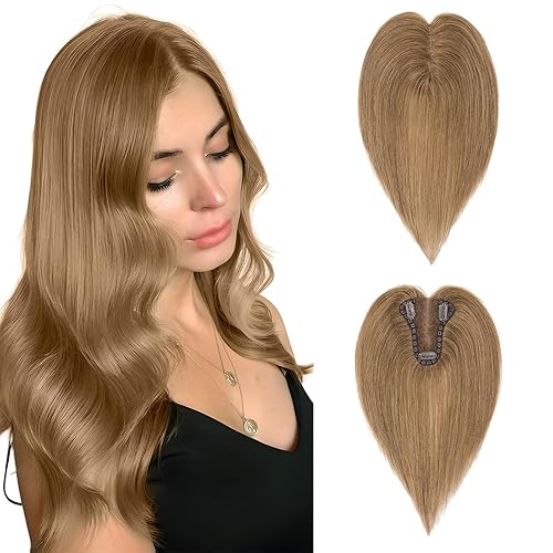 Toppers de cabello humano real para mujer, base suiza, 3 clips, piezas de pelo para cabello corto y delgado, 10 pulgadas (#06 marrón claro)