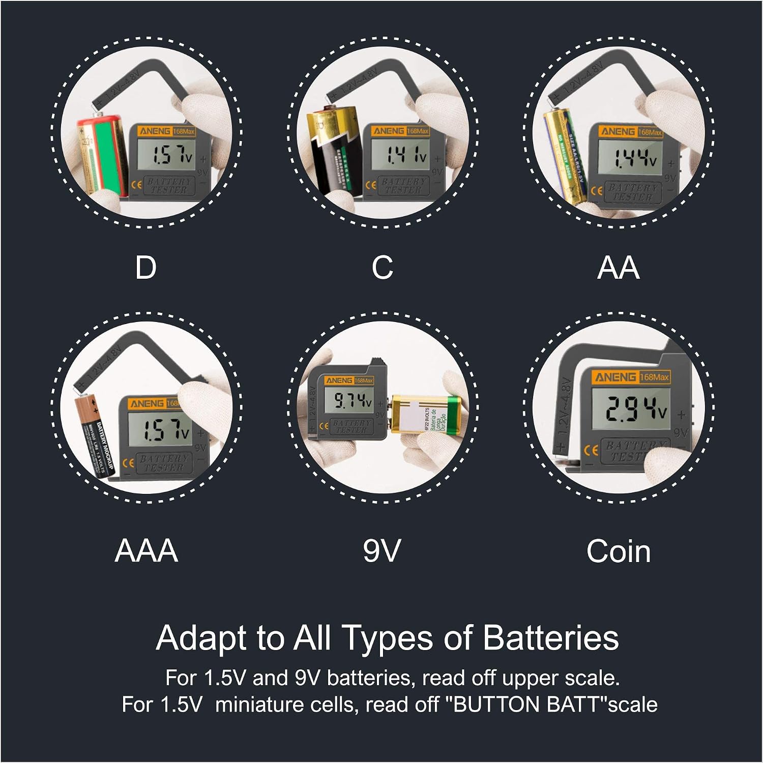 CGGO 168MAX Battery Tester,Suitable for AA AAA C D 9V 1.5V Button Cell Batteries,Portable Universal Digital Battery Charge Checker