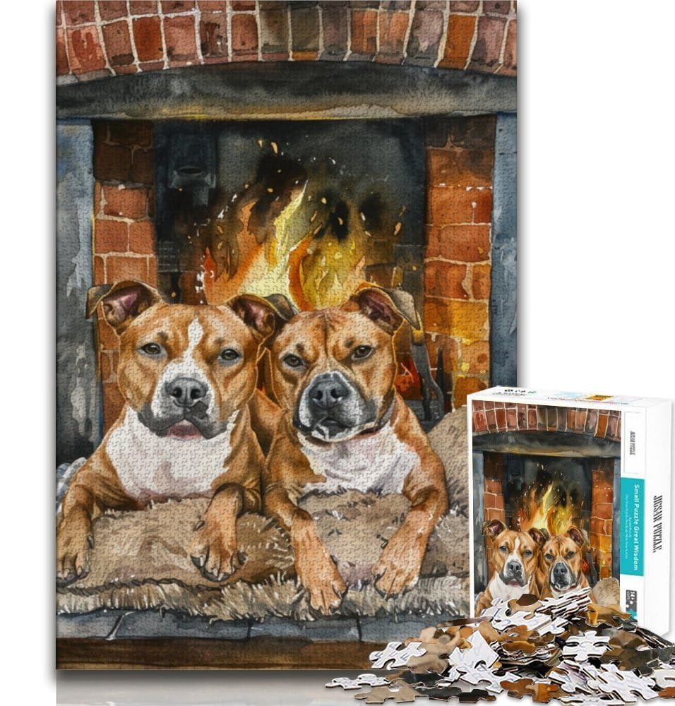Staffordshire Bull Terrier Roasting Fire Jigsaw Puzzles for Adults 1000 Piece,Staycation Kill Time with Fully Interlocking Randomly Shaped Pieces (38x26cm)