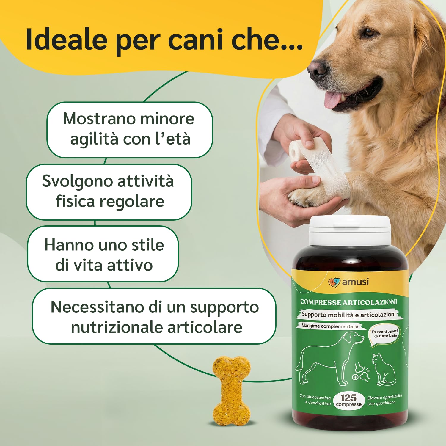 amusi Igiene Orale + Articolazioni per cani: Dentifricio in Polvere 60g con Ascophyllum e Menta per Denti e Alito + Integratore 125 Compresse con Glucosamina, Condroitina, MSM e Curcuma