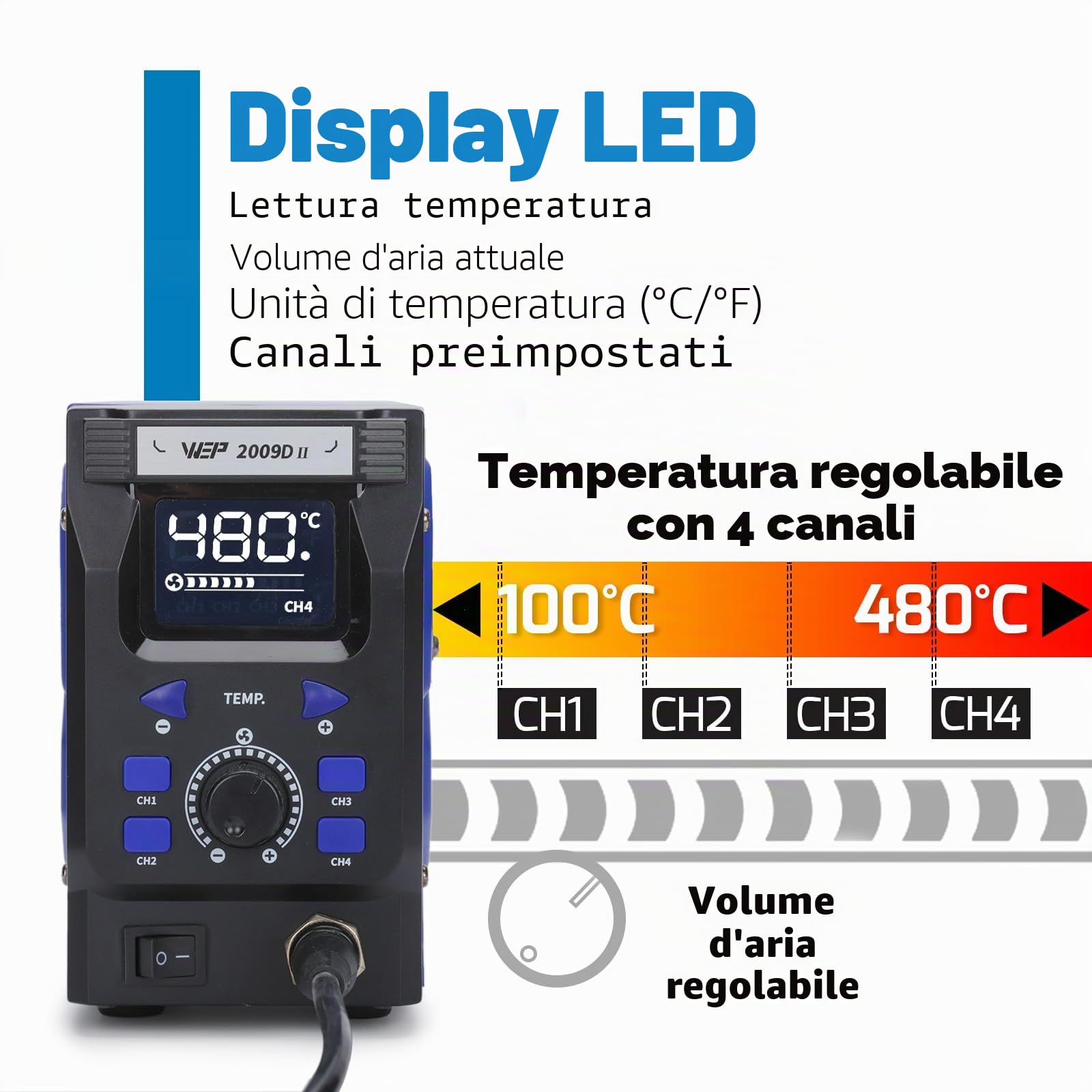 WEP 2009D-II Stazione Saldante Aria Calda ad aria calda con pistola saldante rimovibile, 4 canali preimpostati, Temperatura regolabile 100-480℃, Stabilizzazione temperatura PID(EU)