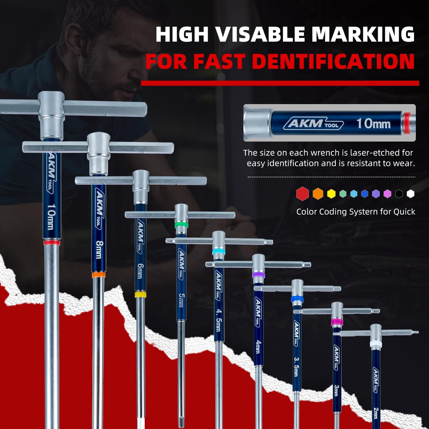 11 Pcs 3-Way T-Handle Hex Allen Key Wrench Set, Metric, 2mm-10mm, Sliding Handle, Allen Wrench Set with Magnetized & Demagnetized, for Versatile Speed And Leverage Application