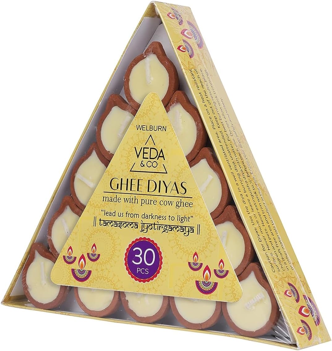Welburn Veda&Co® Pure Cow Ghee Diya – 30 Pieces | Up to 45 Min Burn | Ghee-Filled Clay Diyas with Batti | Ready-to-Use for Daily Puja & Diwali | Premium Puja Diyas Set