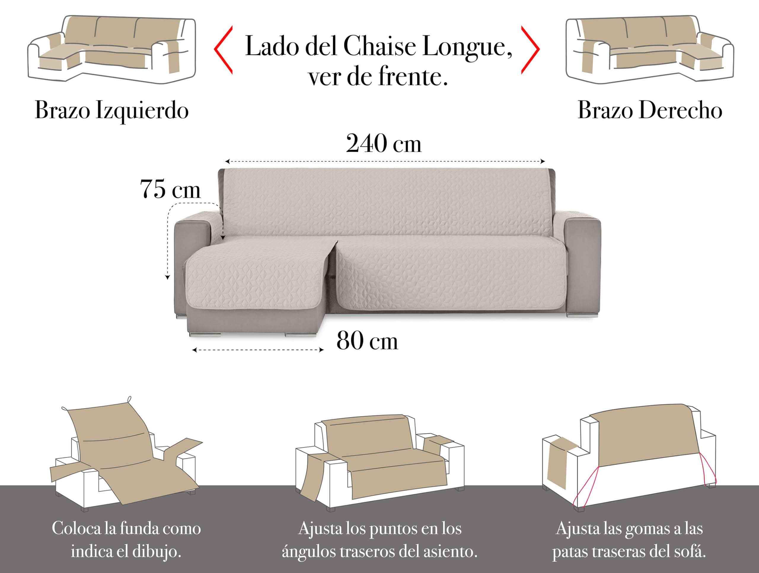 Salva Sofa Chaise Longue. Protector de Sofa Acolchado. Funda Cubre Sofa Mascotas Perros Gatos. Protector Sofa Cuadros.Color Marfil. Lado Izquierdo Visto de Frente 240 cm