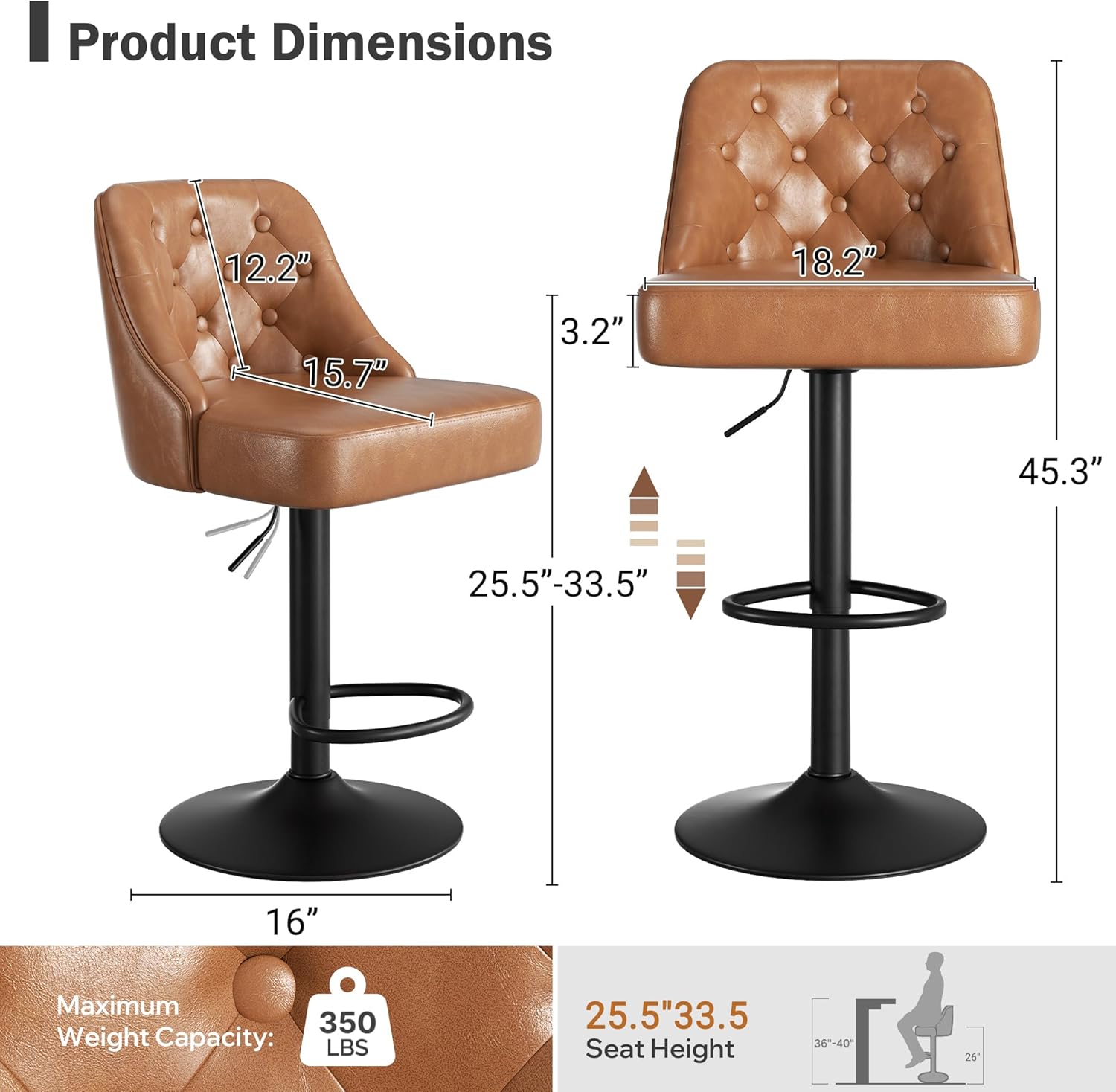 Bar Stools Set of 3, Adjustable Counter Height Bar Stool with Back, Faux Leather Upholstered Swivel Bar Chairs, Mid Century Modern Barstools for Kitchen Island, Brown