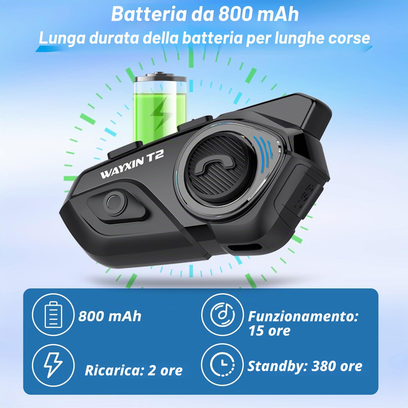 T2 Interfono Moto Auricolare 300M Sistema di Comunicazione con Wireless Bluetooth 5.1 IPX7 Impermeabile Cancellazione del Rumore DSP&CVC HiFi/Voce AI Interphone Casco Moto Auricolare
