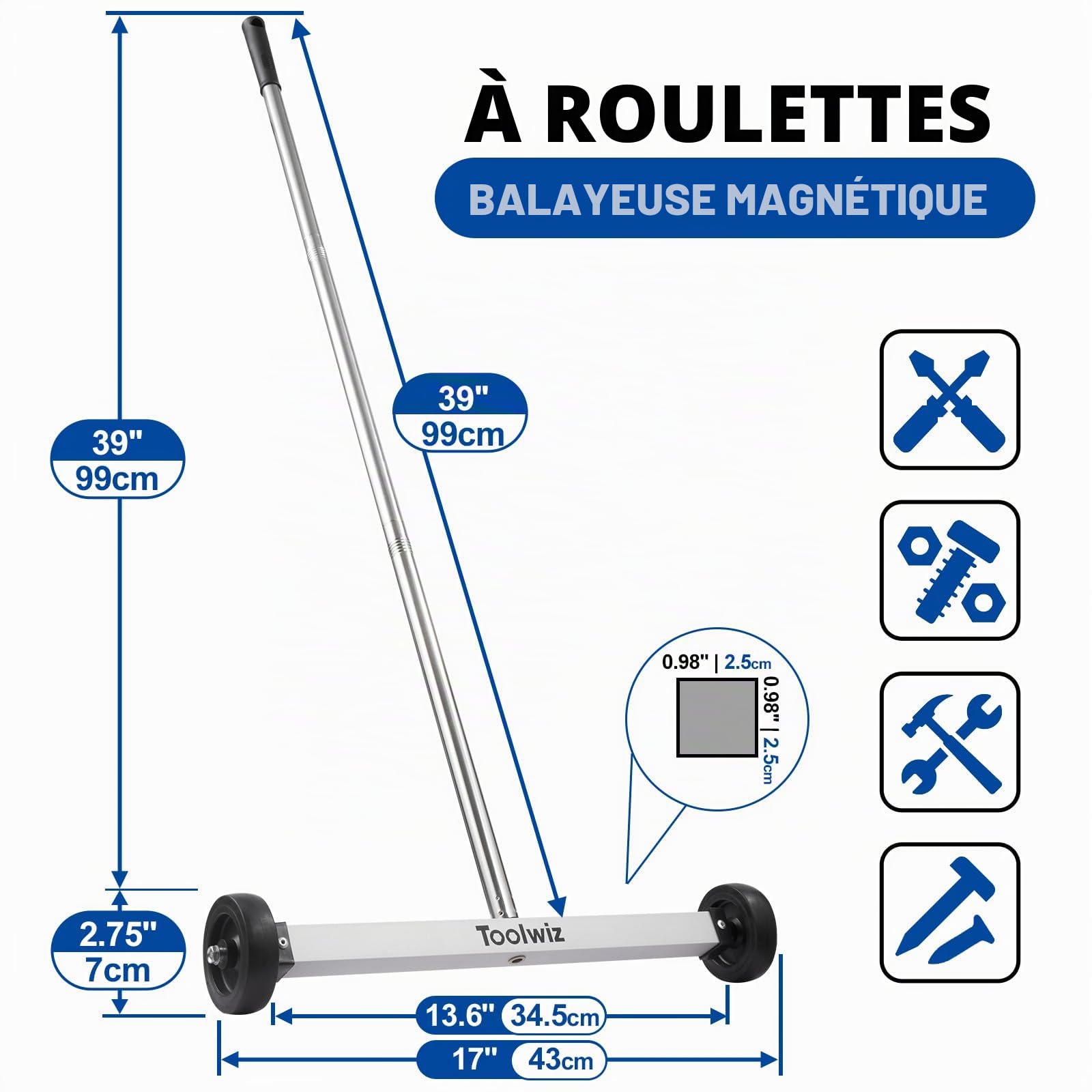Toolwiz Balai magnétique roulant de 43,2 cm, 4 kg, avec outils de ramassage magnétiques télescopiques de 7,3 kg – Balayeuse légère avec roues pour clous, vis et débris métalliques pour usage
