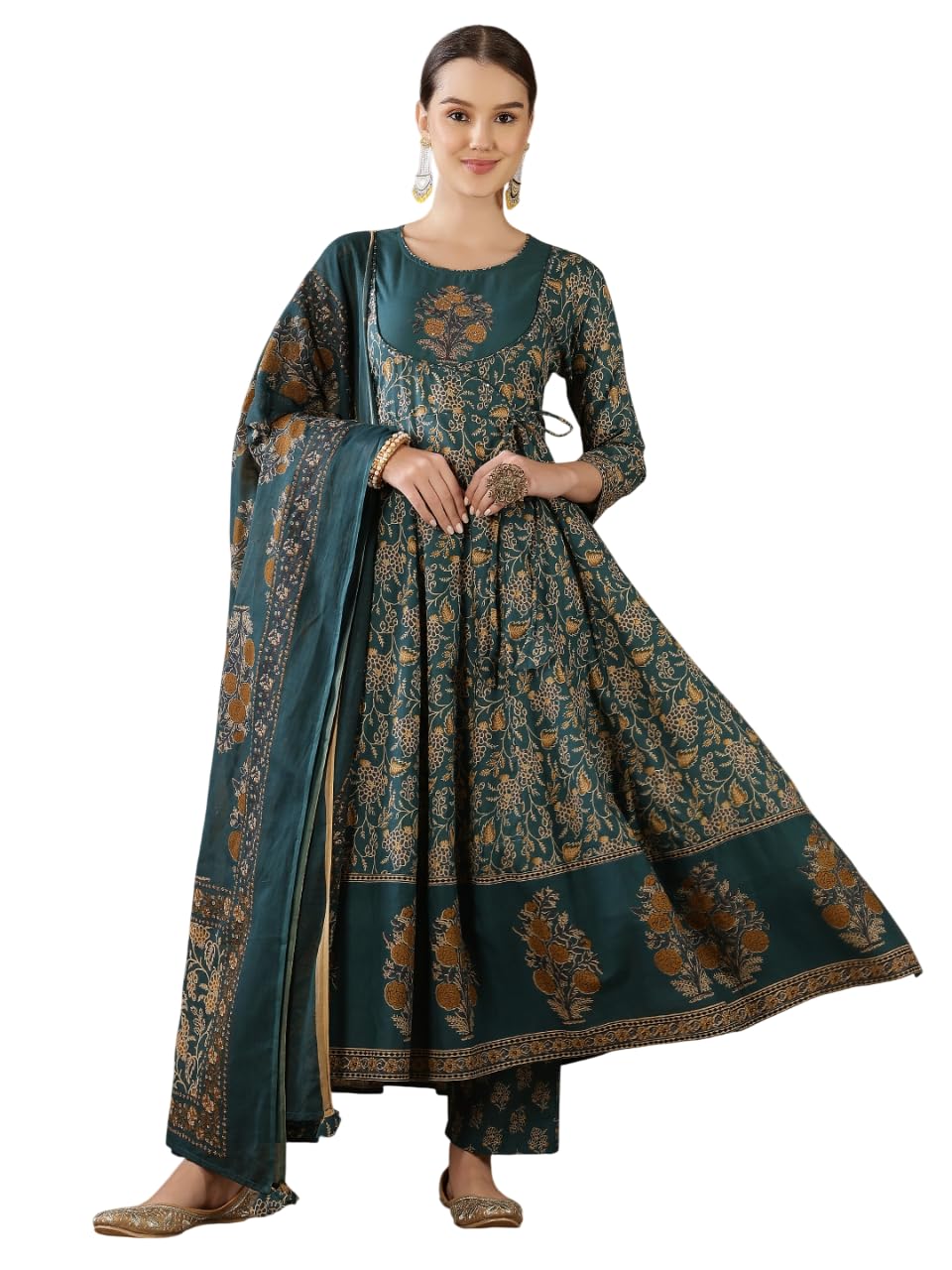 febq Floral Printed Anarkali Pure Cotton Kurta Set with Palazzos and Dupatta | Ethnic Wear for Women-picture-36