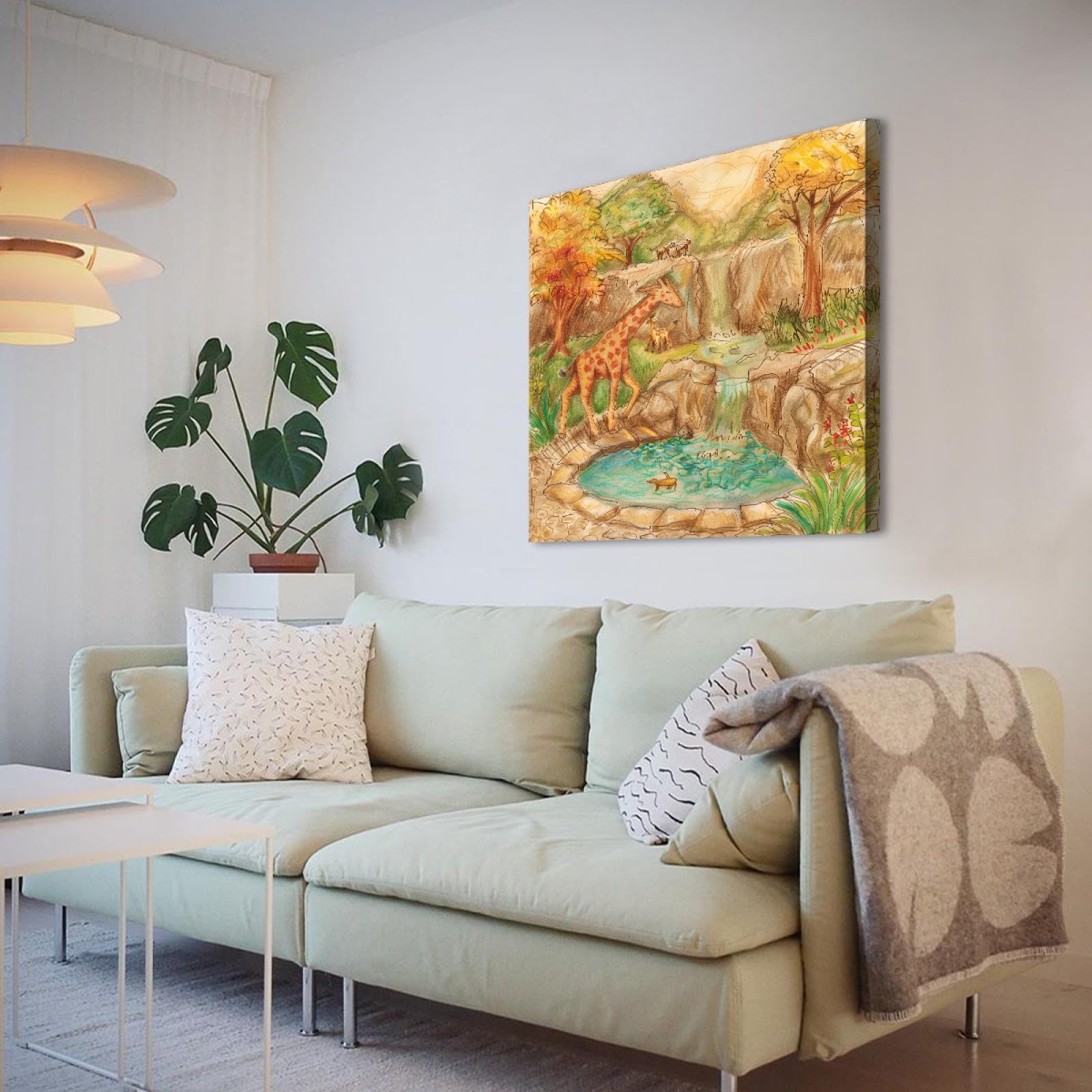 CHERHERART Obraz kreskówkowy, las, wodospad, Giclee, wydruki na płótnie, żyrafa, rodzina, matka, dziecko, zwierzęta, graffiti, dekoracja ścienna do pokoju dziecięcego, 65 x 65 cm, rama wewnętrzna