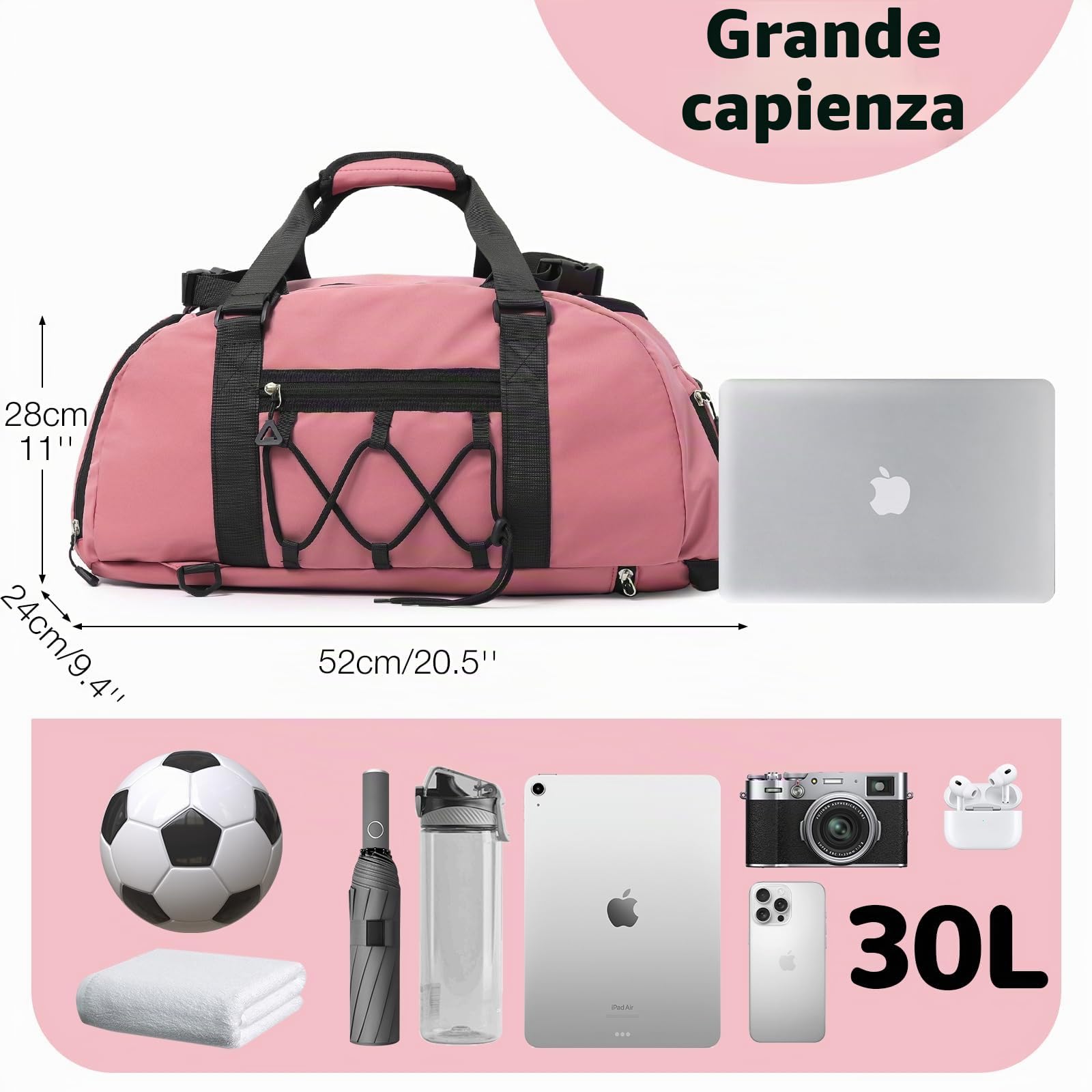 Borsone Palestra Impermeabili da 30L per Donna, con Porta Scarpe e Tasca Umida, Borse Sportive Leggere, Borsa da Viaggio Multitasca per Weekender, Adatto per Nuoto Yoga Basket, Rosa