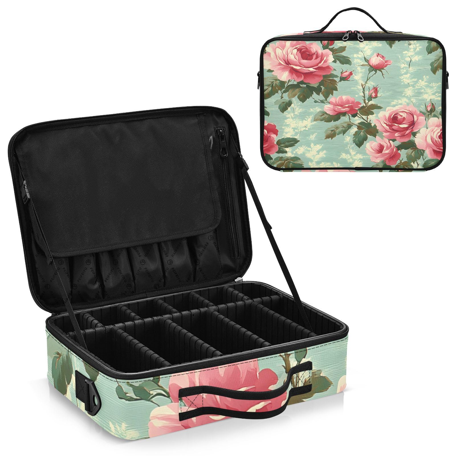 zyrtty Travel Makeup Train Case Pink Rose Flower Red Pattern Cosmetic Organizer Portable Storage Bag with Adjustable Dividers for Cosmetics Brushes Toiletry Jewelry Digital Accessories