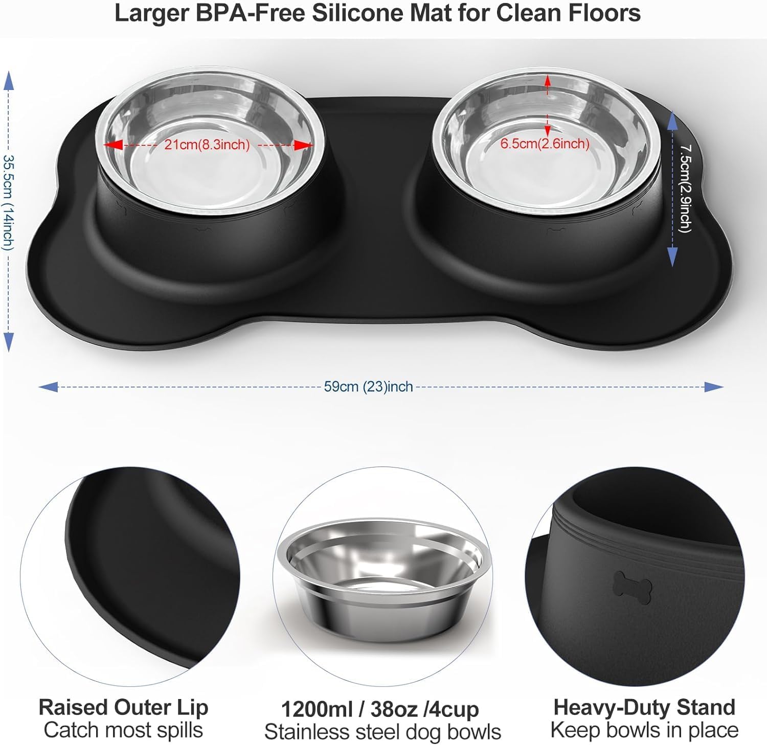 AsFrost Dog Food Bowls Stainless Steel Dog Bowls with No Spill Non-Skid Silicone Mat, Dog Food and Water Bowl Set, Dog Dishes for Small Medium Large Sized Dogs Pet Food Feeding Bowls, 4 Cup, Black