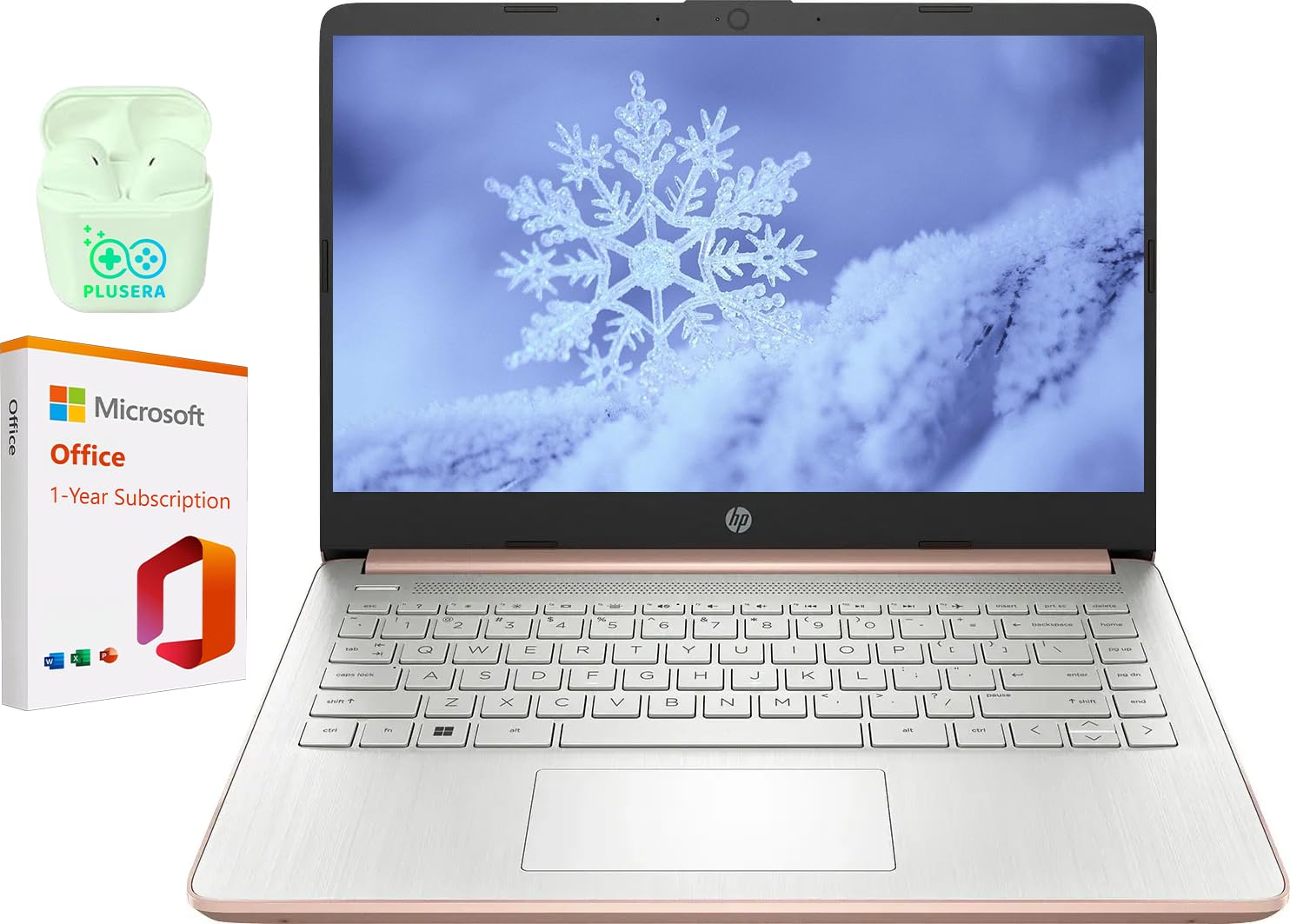 HP 14" LED Business Laptop Computer, Intel Quad-Core N4120, Windows 11 S Laptop with 1-Year Microsoft Office 365, PLUSERA Earphones (Rose Gold, 16GB