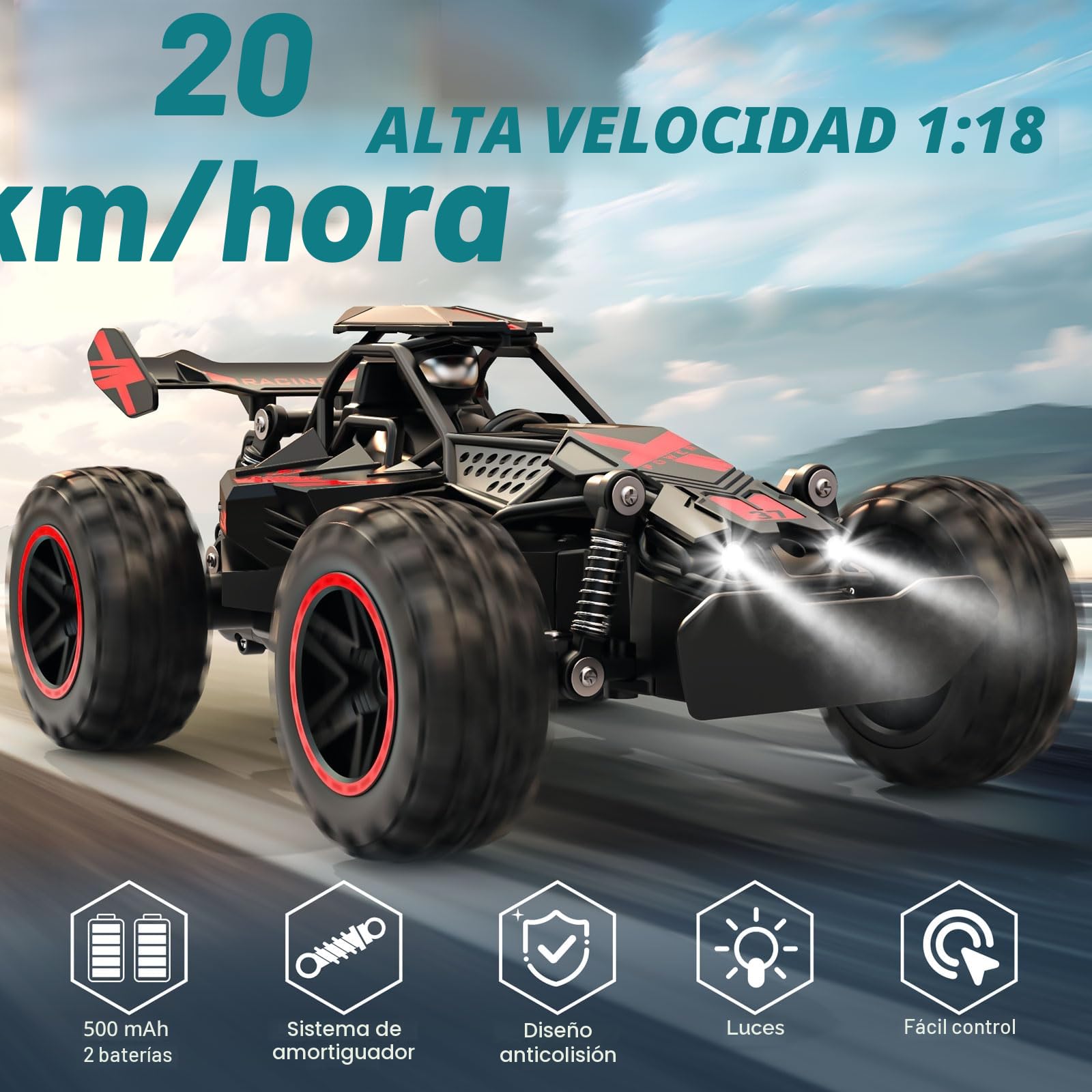 ACAMMZAR Coche Teledirigido para Niños, 1:18 20+KM/H Off Road Monster RC Truck, Control Remoto RC Coche para Años y Adultos, Rojo